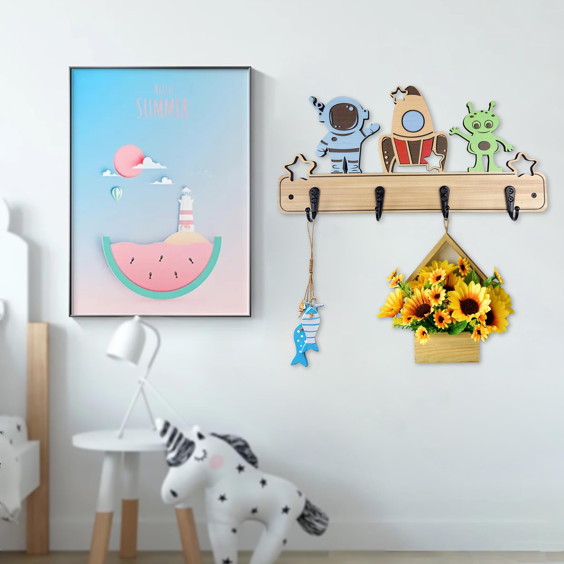 Niedliche Wandgarderobe Fürs Kinderzimmer - 6 Bunte Haken Aus Holz, Ca. 35 Cm Lang, Mit Montagematerial