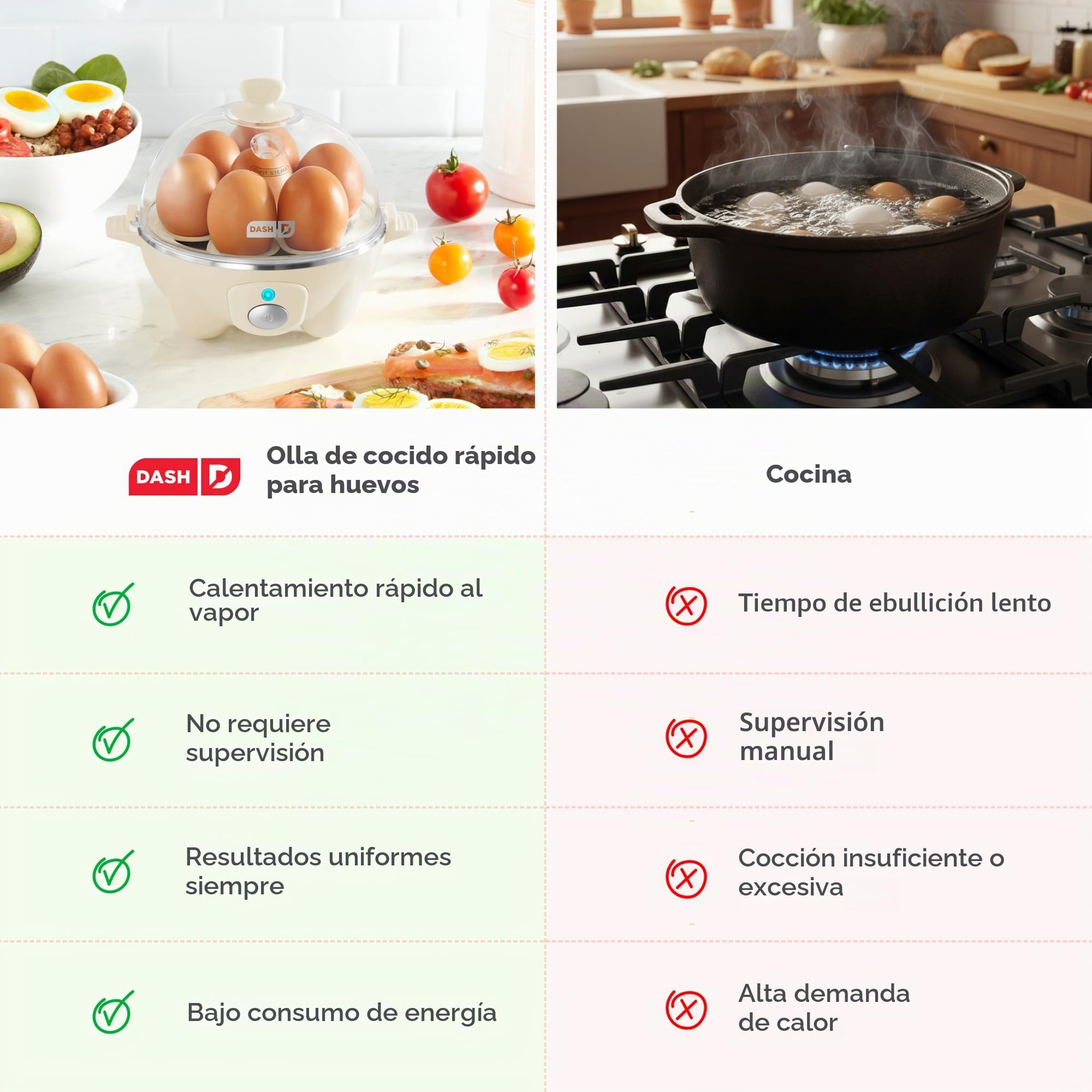DASH - Olla de huevo rápida, con capacidad para 7 huevos, para huevos duros, huevos escalfados, huevos revueltos u tortillas con función de apagado automático, color crema