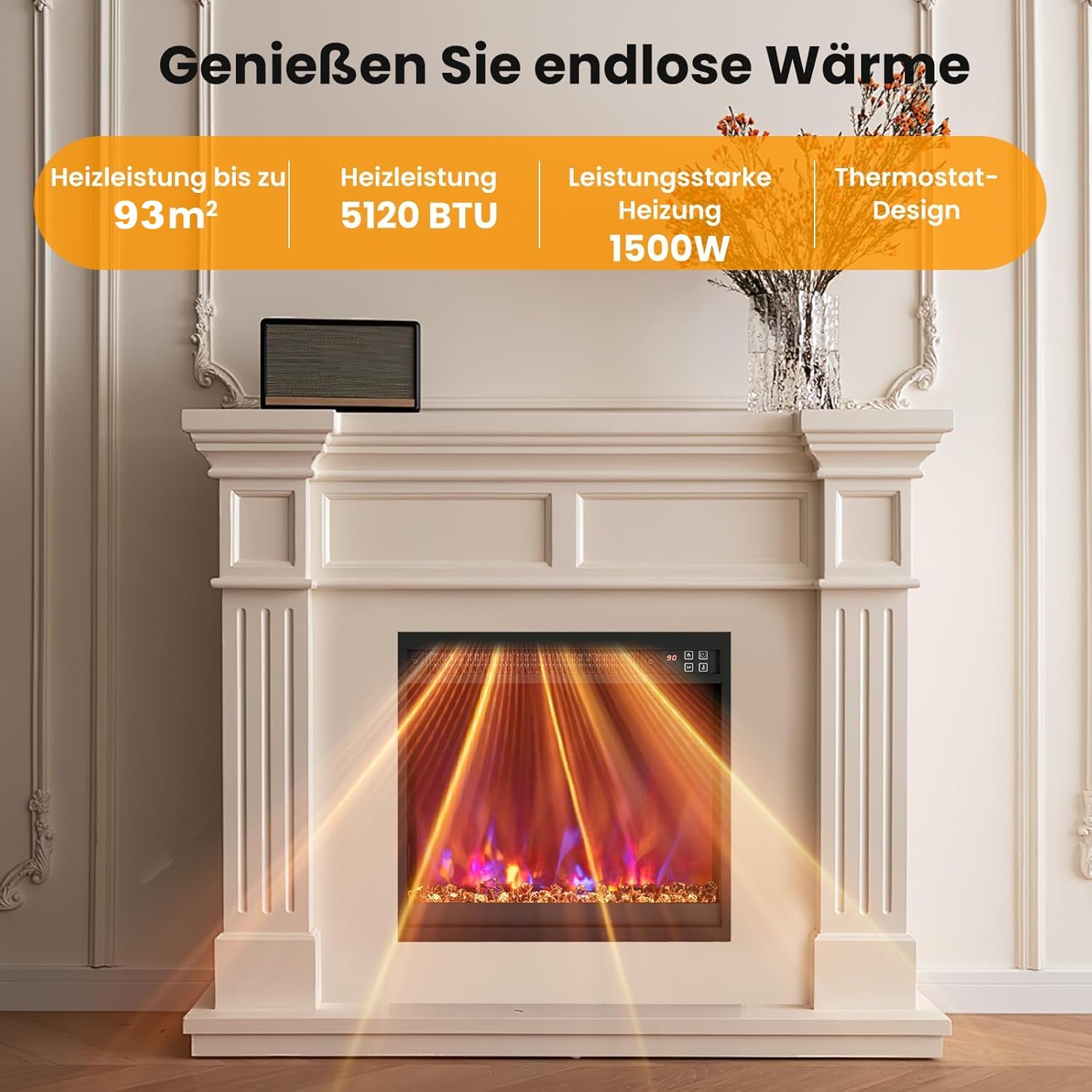 RELAX4LIFE 18" Elektrokamin mit heizung, schwebender Kamin mit LED-Ambientelicht & 3D-Flammeneffekt & Kristall-Glutbett, Deko Wandkamin mit Fernbedienung, 1500 W, 8 Flammenfarben, 9H-Timer, 17℃-32℃