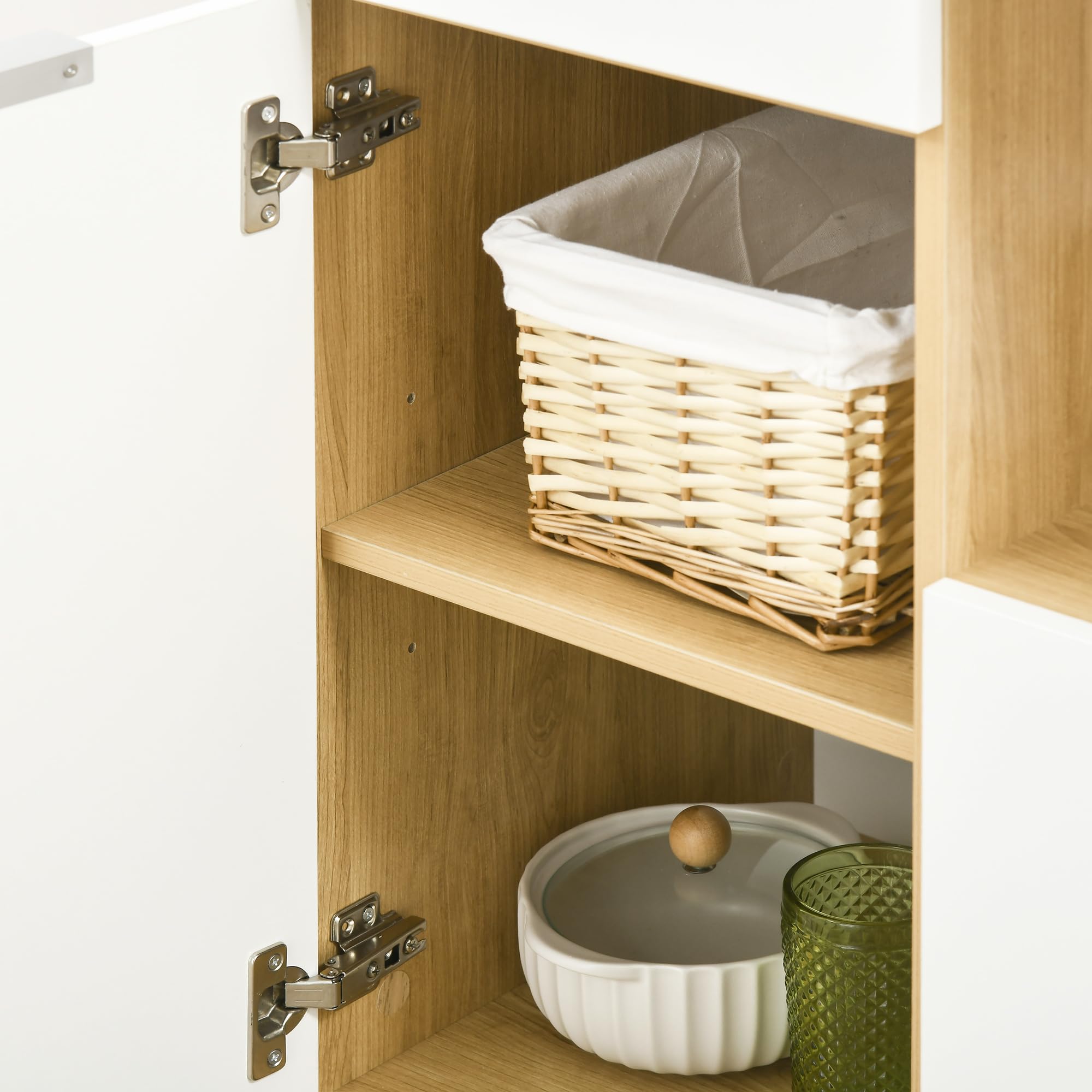 HOMCOM Dispensa da Cucina in Truciolato e Legno di Pino con Armadietti, Cassetti, Ripiani Regolabili e Appendino, 93x40x180 cm, Bianco e Color Legno