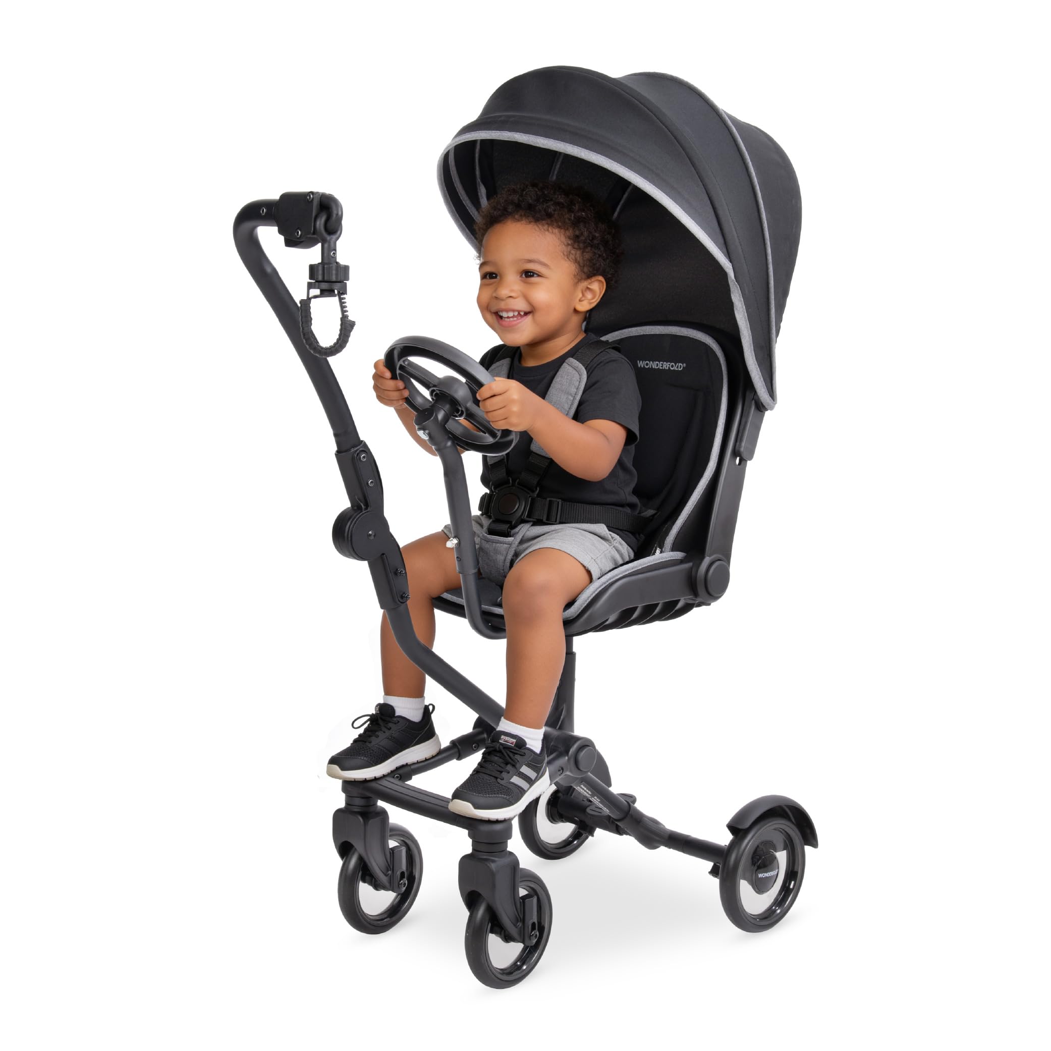 Wonderfold Buddy Rider Kinderwagen, faltbar, leichtes Design, verstellbarer Baldachin, Aufbewahrungskorb, Schwarz, 74,9x38,9x32,5 cm