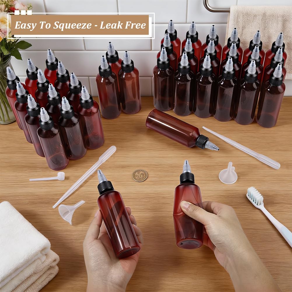 36 Pcs 3.4oz Amber Squeeze Bottle, Applicator Bottles Squeeze Empty Plastic Bottle for Shampoo Lotion Liquid Body Soap Cream Toiletries Equipped with Dropper Funnel and Dispenser