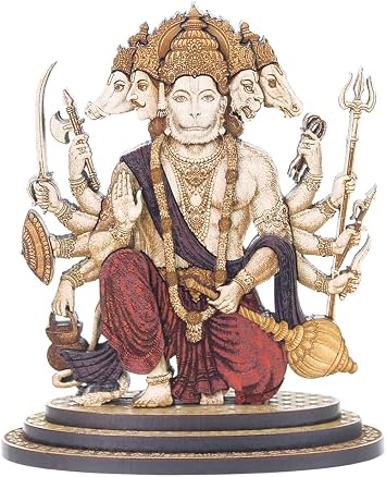 4 Inch Panchmukhi Hanuman Wood Carved Statue in Exotic Hard Woods - Multi Layered Hand Made Wooden Hindu God Bajrang Bali Idol for Car Dashboard, Home, Office, and Travel