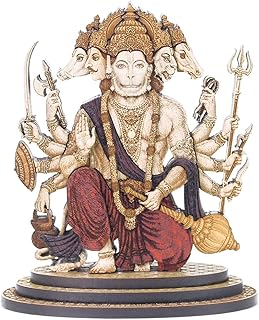 4 Inch Panchmukhi Hanuman Wood Carved Statue in Exotic Hard Woods - Multi Layered Hand Made Wooden Hindu God Bajrang Bali Idol for Car Dashboard, Home, Office, and Travel