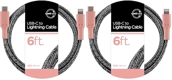 Cordinate USB-C to Lightning Cable, 6 Ft, Braided Cord, Fast Charge, Compatible with iPhone 13/12/11/Pro/Pro Max/Mini, iPad Pro, AirPod Pro, Blush/Charcoal, 58650 Pack of 2