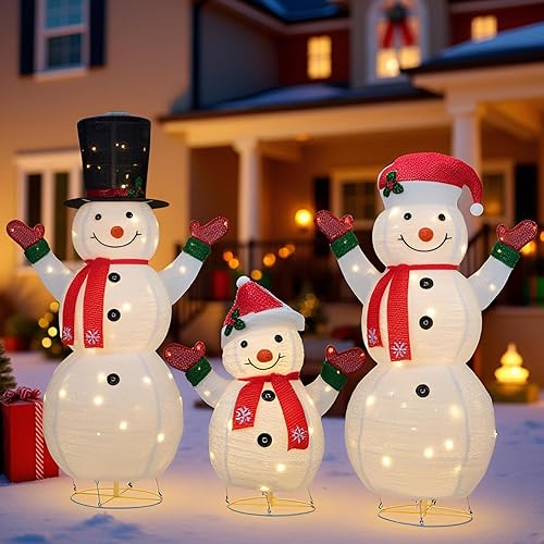 Miniatura 6 de YULETIME Familia de muñecos de nieve 3D preiluminados de 3 piezas, 60, 56 y 38 pulgadas, decoración navideña con 250 luces LED (familia muñeco de