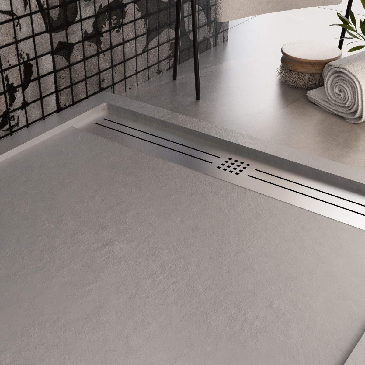 Luminosa ArredoBagno Plato de ducha Marmoresina 80 x 120 cm – Efecto piedra antideslizante con gel – Modelo Paris Color gris claro – Parrilla inoxidable y desagüe incluidos