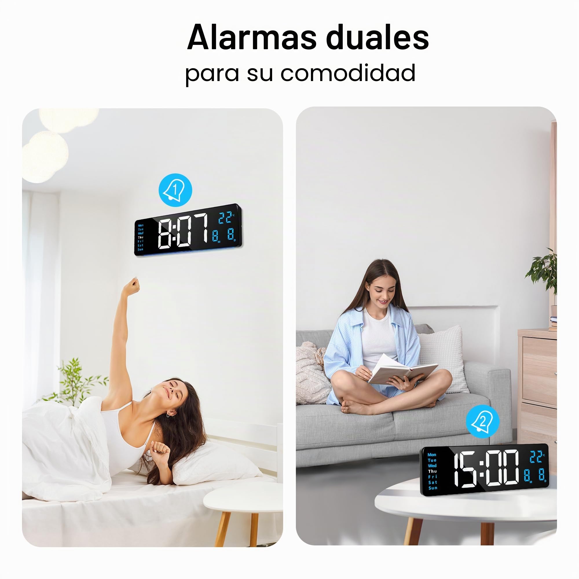 Lafocuse Reloj Digital de Pared 16" LED Azul Grande, con Luz Nocturna de 9 Colores RGB, Mando, Doble Alarma, Brillo Automático, Temperatura, Fecha, 12/24 Horas, Cuenta Atrás, para Salon Cocina Oficina