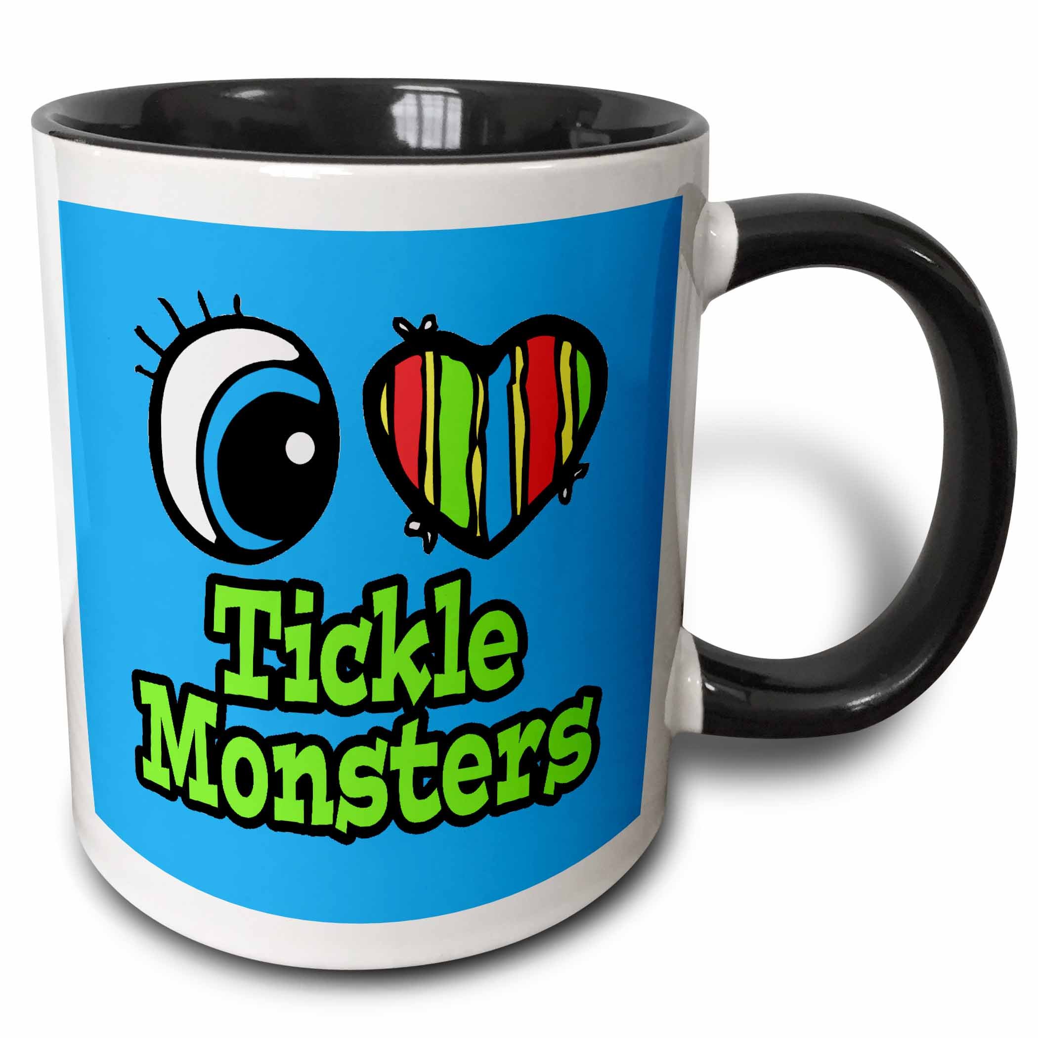 3dRose Bright Eye Heart I Love Tickle Monsters - Two Tone Black Mug, 330ml