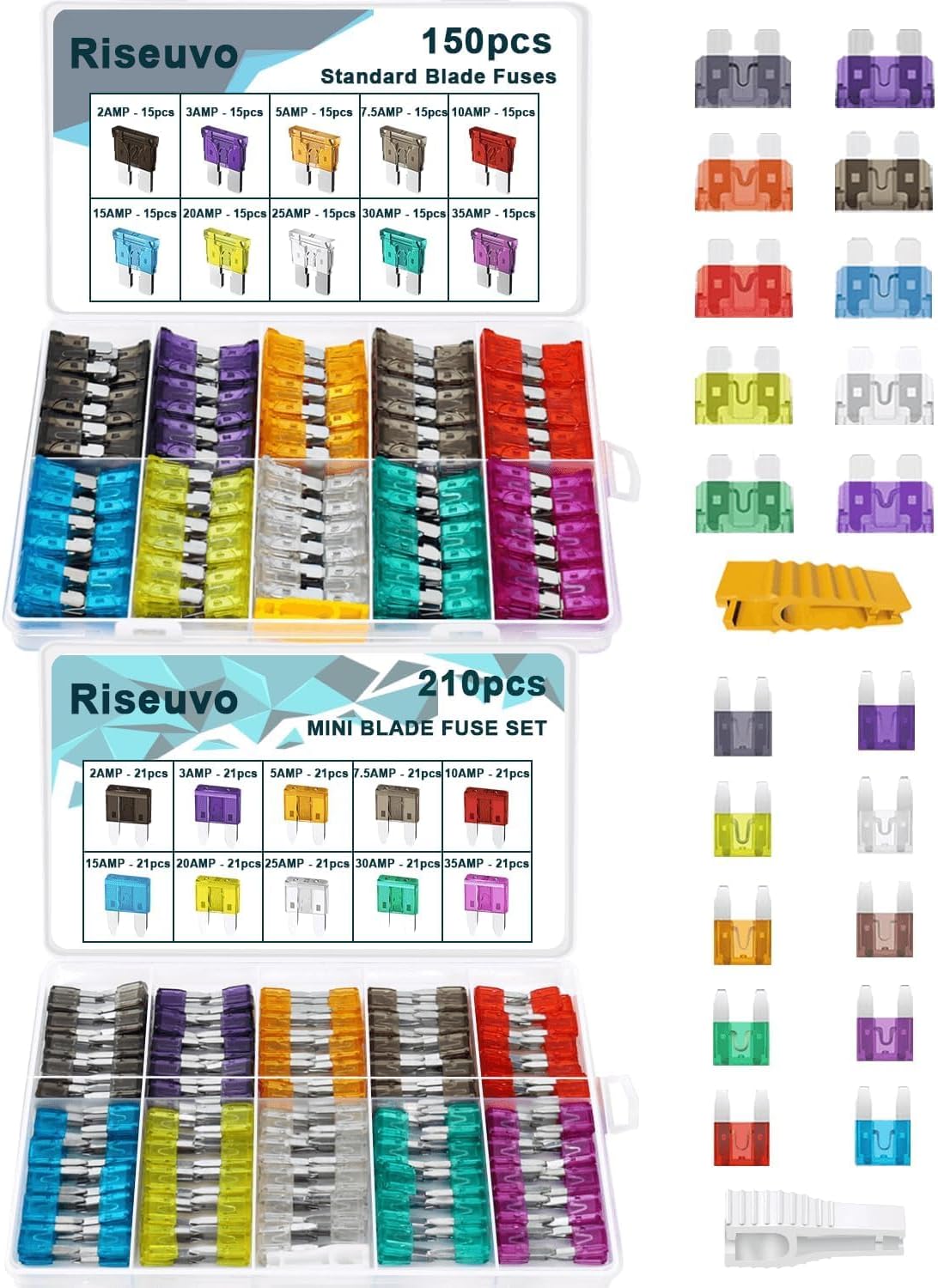 360pcs Car Blade Fuses Assortment Kit - RV Automotive Fuses, Standard & Mini (2A/ 3A/ 5A/ 7.5A/ 10A/ 15A/ 20A/ 25A/ 30A/ 35A), Auto Replacement Fuses by Riseuvo