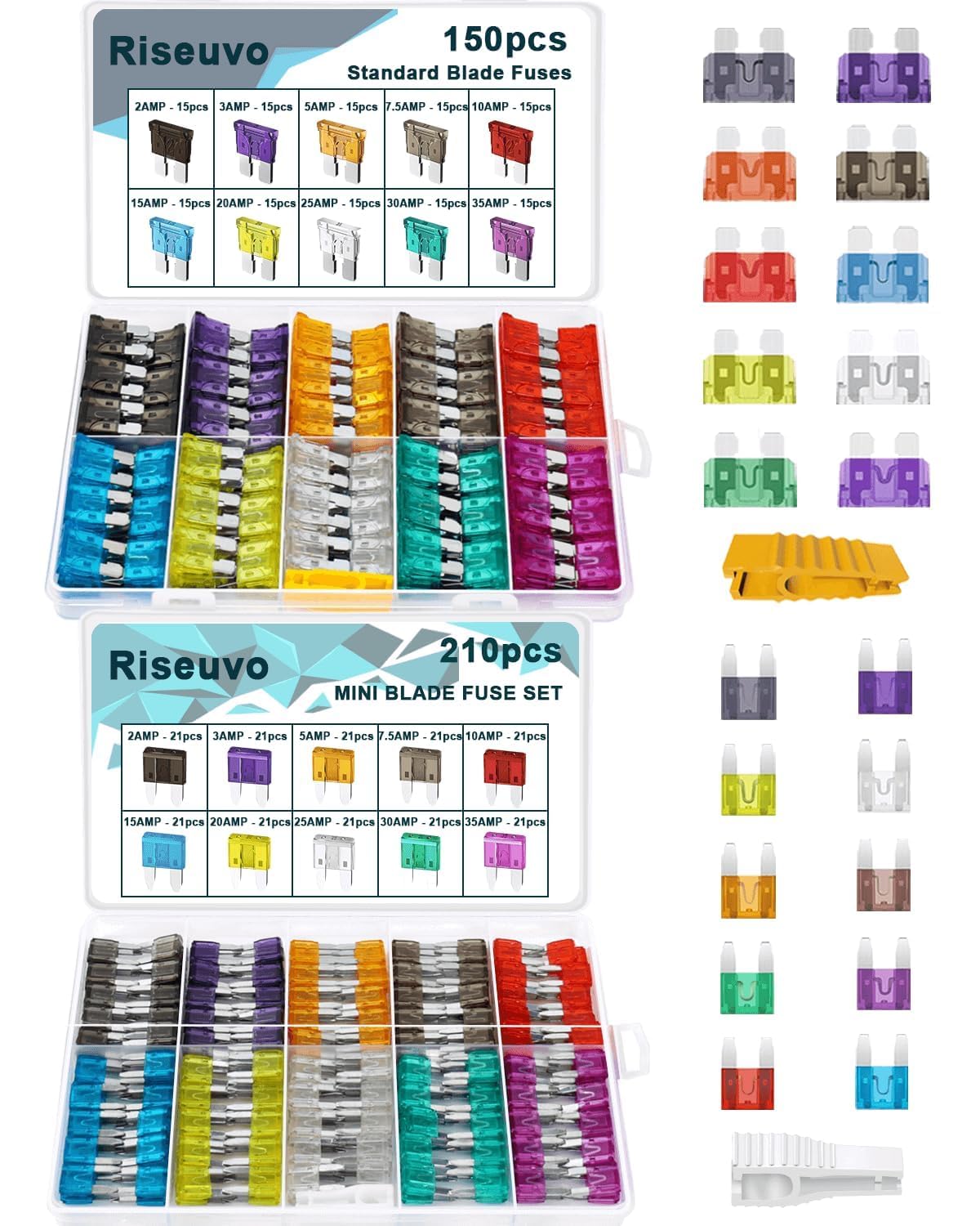 360pcs Car Blade Fuses Assortment Kit - RV Automotive Fuses, Standard & Mini (2A/ 3A/ 5A/ 7.5A/ 10A/ 15A/ 20A/ 25A/ 30A/ 35A), Auto Replacement Fuses by Riseuvo