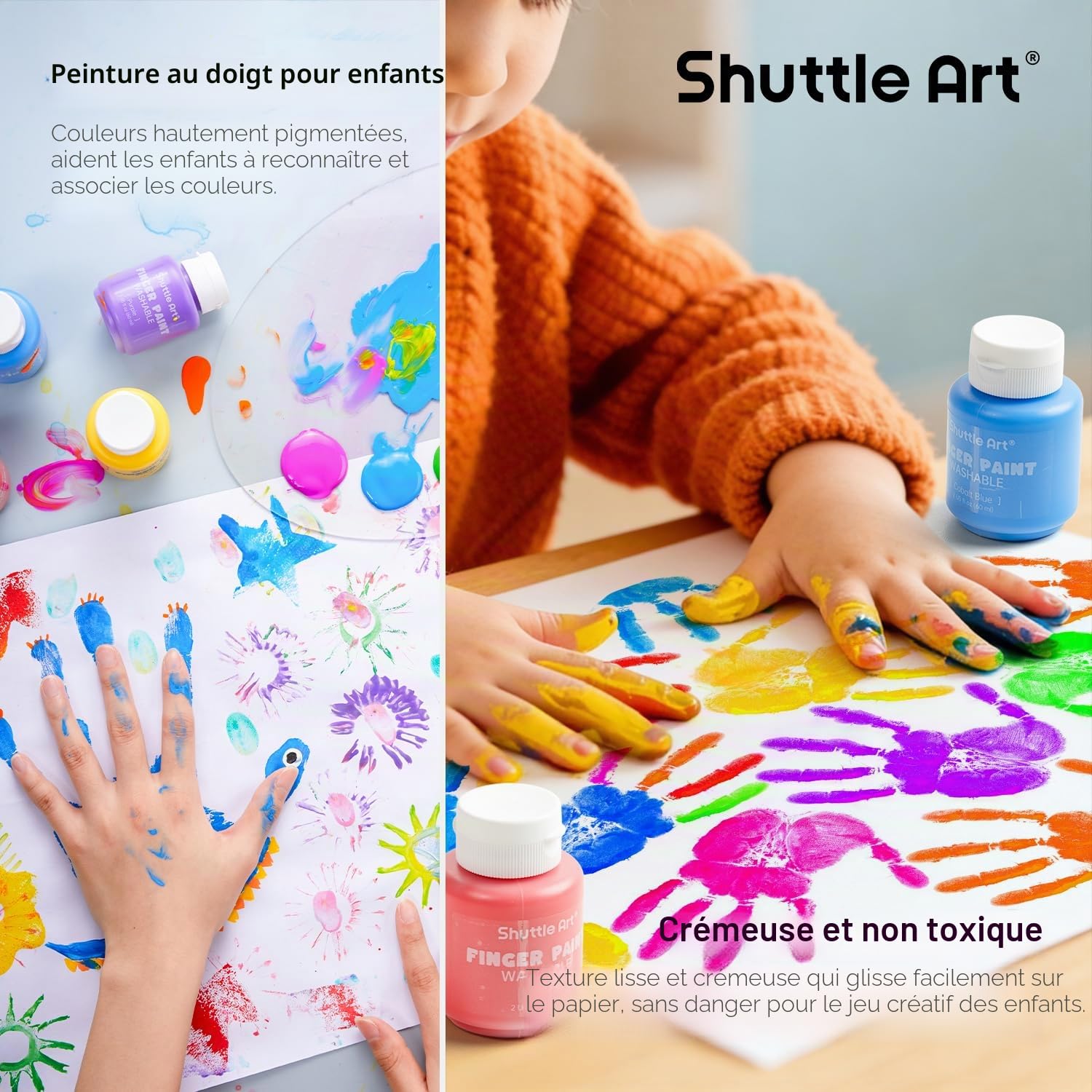 Shuttle Art Peinture au Doigt pour Enfants, 15 Couleurs 60ml Peinture au Doigt Enfant Lavable Non Toxique, Peinture Enfant pour les Tout-petits Art Bricolage