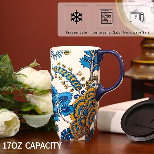 Miniatura 4 de DUSVALLY Taza de café de cerámica para el hogar y la oficina, 17 oz. Tapa deslizante resistente a salpicaduras y asa, apta para lavavajillas y