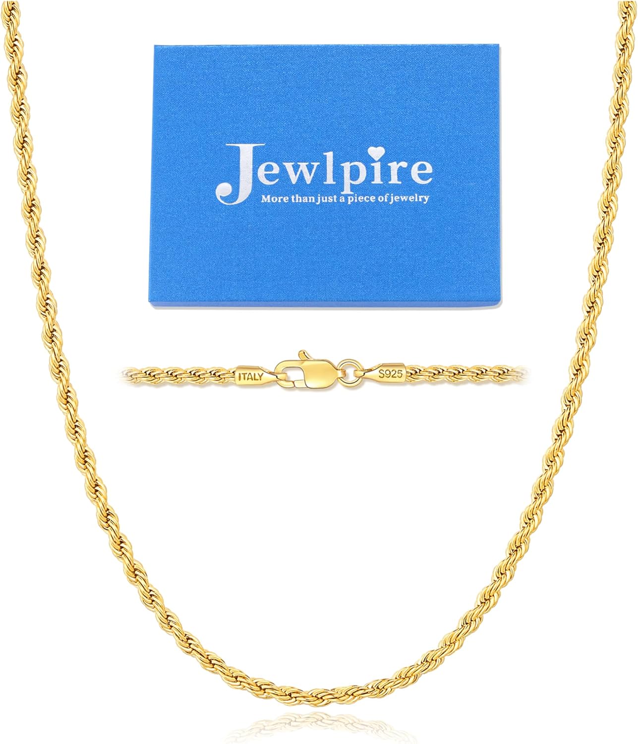 Jewlpire 2mm Rope Chain 18k Gold Plated 925 Sterling Silver Chain Necklace for Women, Sturdy & Comfortable Women's Chain Necklaces, 16 18 20 22 24 26 Inch