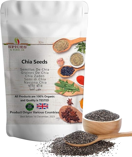 Organic Chia Seeds Premium Quality by Spices&herbsuk - Freshly Packed Organic High in Protein, Omega-3, Fibber - Raw Black Perfect for Healthy Diets, Salads, Breakfast - 250g