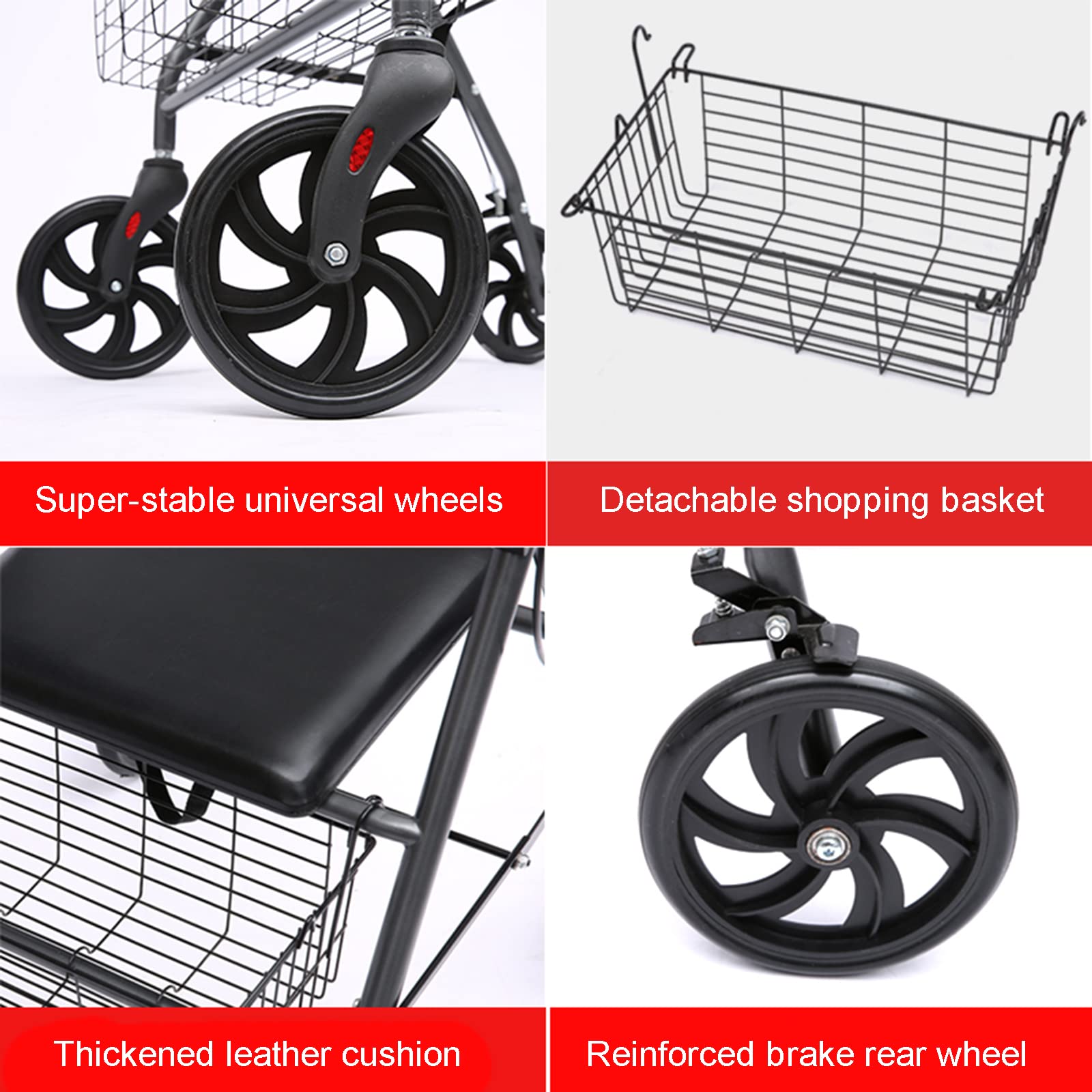 Andadores para personas mayores de 4 ruedas con asiento y cesta plegable, andador con ruedas para ancianos, plegable, ayuda a personas mayores y personas con discapacidad, estrella negra de luz