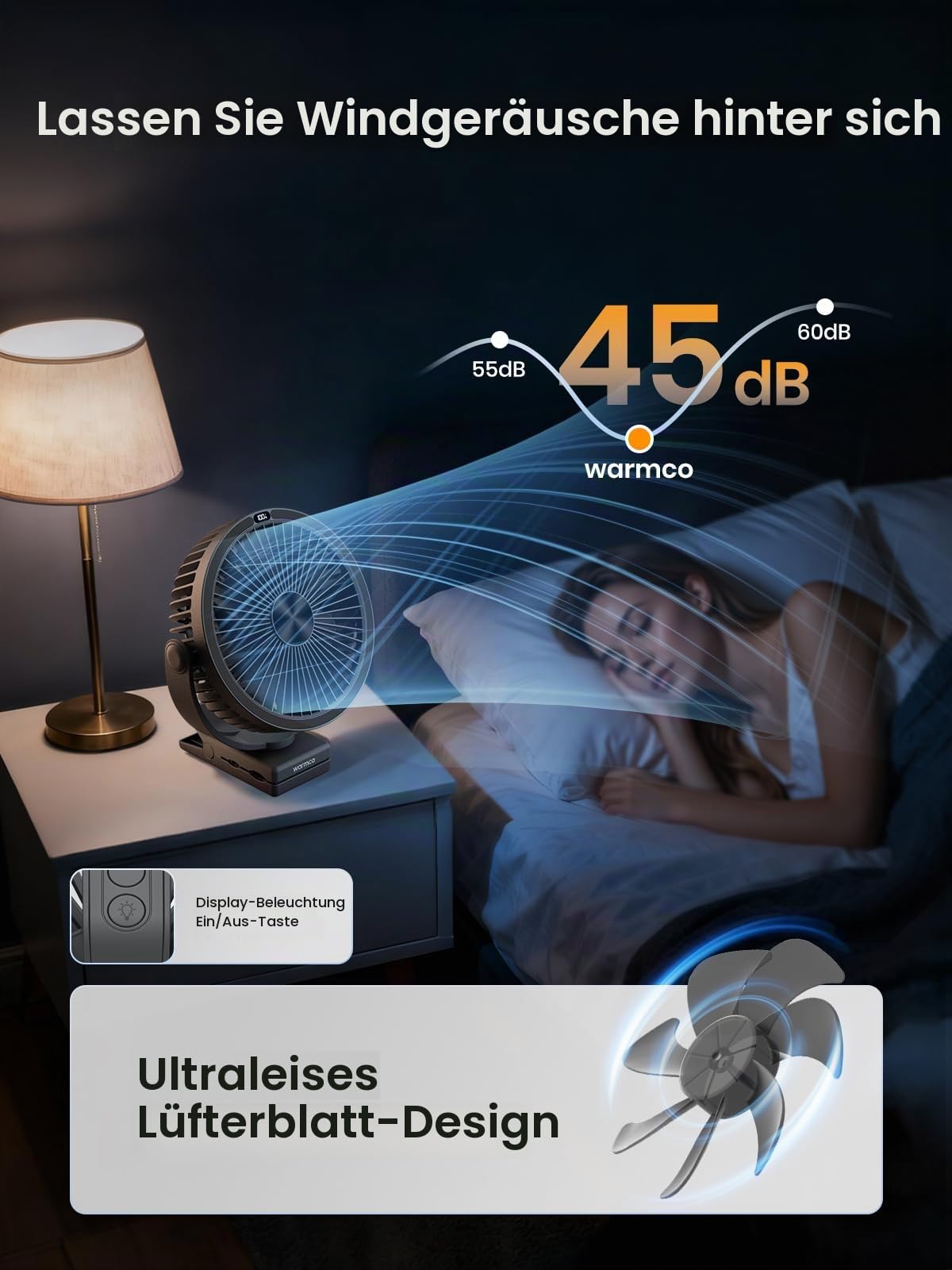 Warmco Tragbarer Tischventilator mit 10000 mAh, 720° Drehung & 3-in-1-Montage – 4 Geschwindigkeitsstufen, LED-Licht, USB-C-Schnellladung, geräuscharmes Design