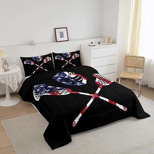 Miniatura 2 de Juego de edredón lacrosse para niñas y niños juego de ropa de cama de jugador de lacrosse tamaño matrimonial con temática deportiva regalo para