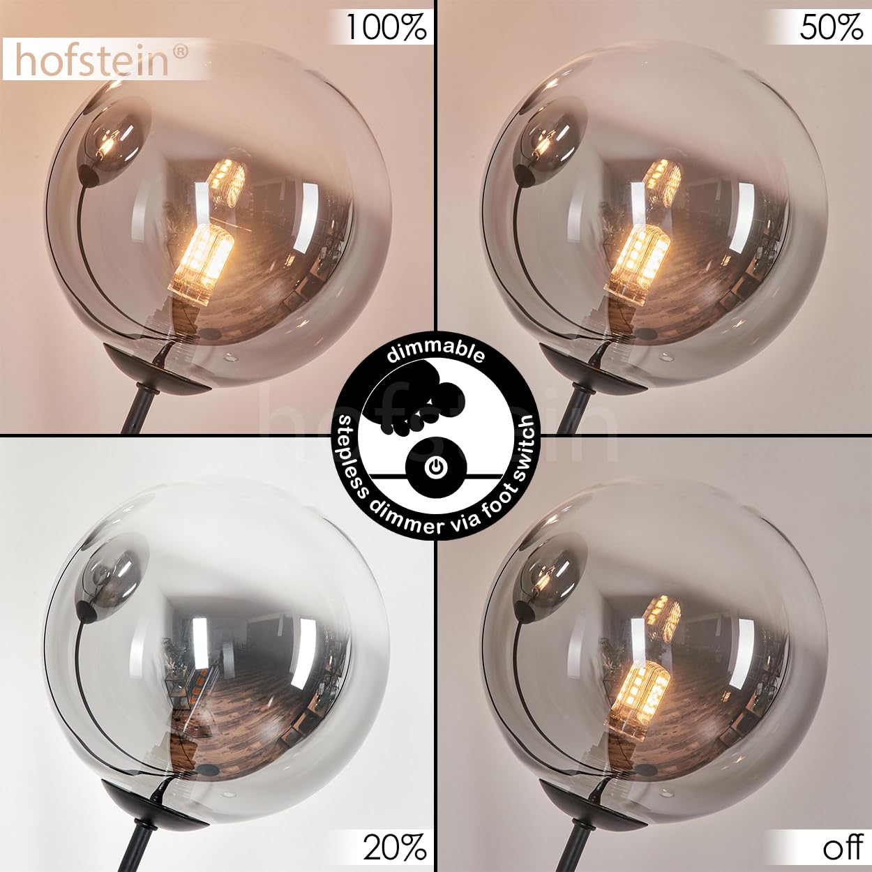Stehleuchte Bernado, Stehlampe aus Metall/Glas in Schwarz/Rauchfarben/Klar, Leuchte im modernen Retro/Vintage-Design mit Schirmen aus Glas (Ø 15 cm), dimmbar über Fußschalter, 3x G9, ohne Leuchtmittel