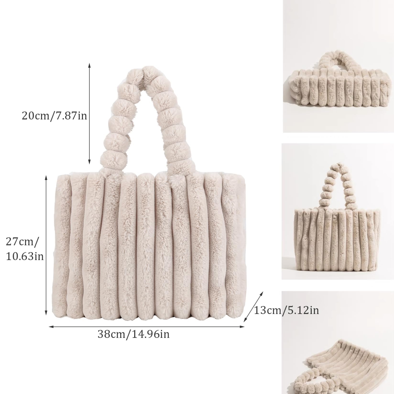 Borsa Tote In Finta Pelliccia Pelosa, Grande Capacità, Bianca, Per Donna, Inverno, Morbida Come Lana Di Agnello