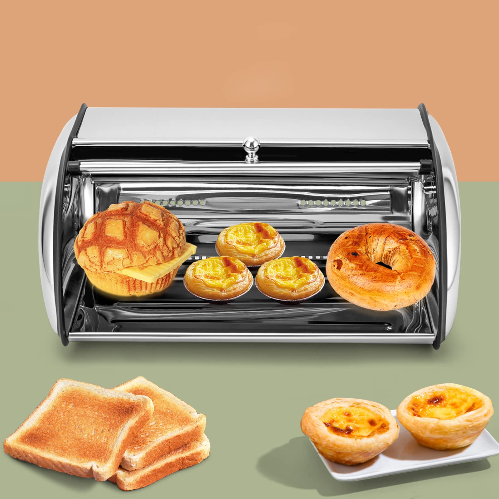 Panera de acero inoxidable de 5 litros – Contenedor de almacenamiento con tapa enrollable y ventana transparente Roll-up Art Panera Organizador con tapa enrollable y orificios de ventilación