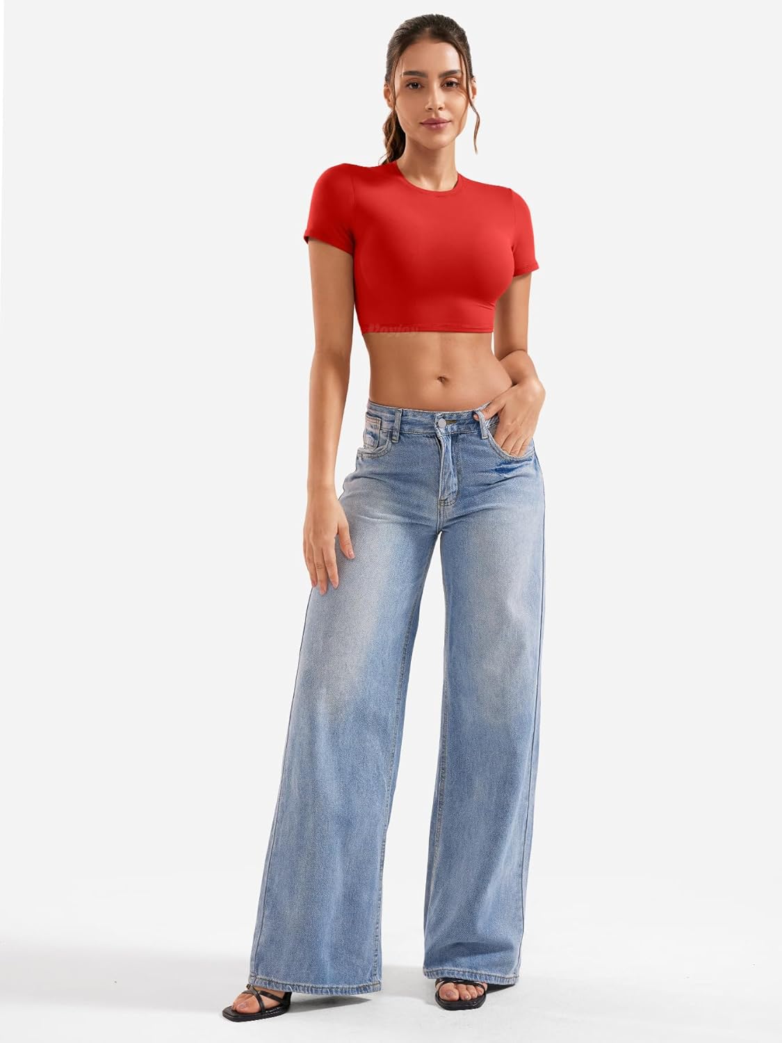 VOYJOY Womens Double Lined Fitted Short Sleeve Crop Tops Crew Neck Casual Workout T Shirts Cute Basic Tee - Image 5