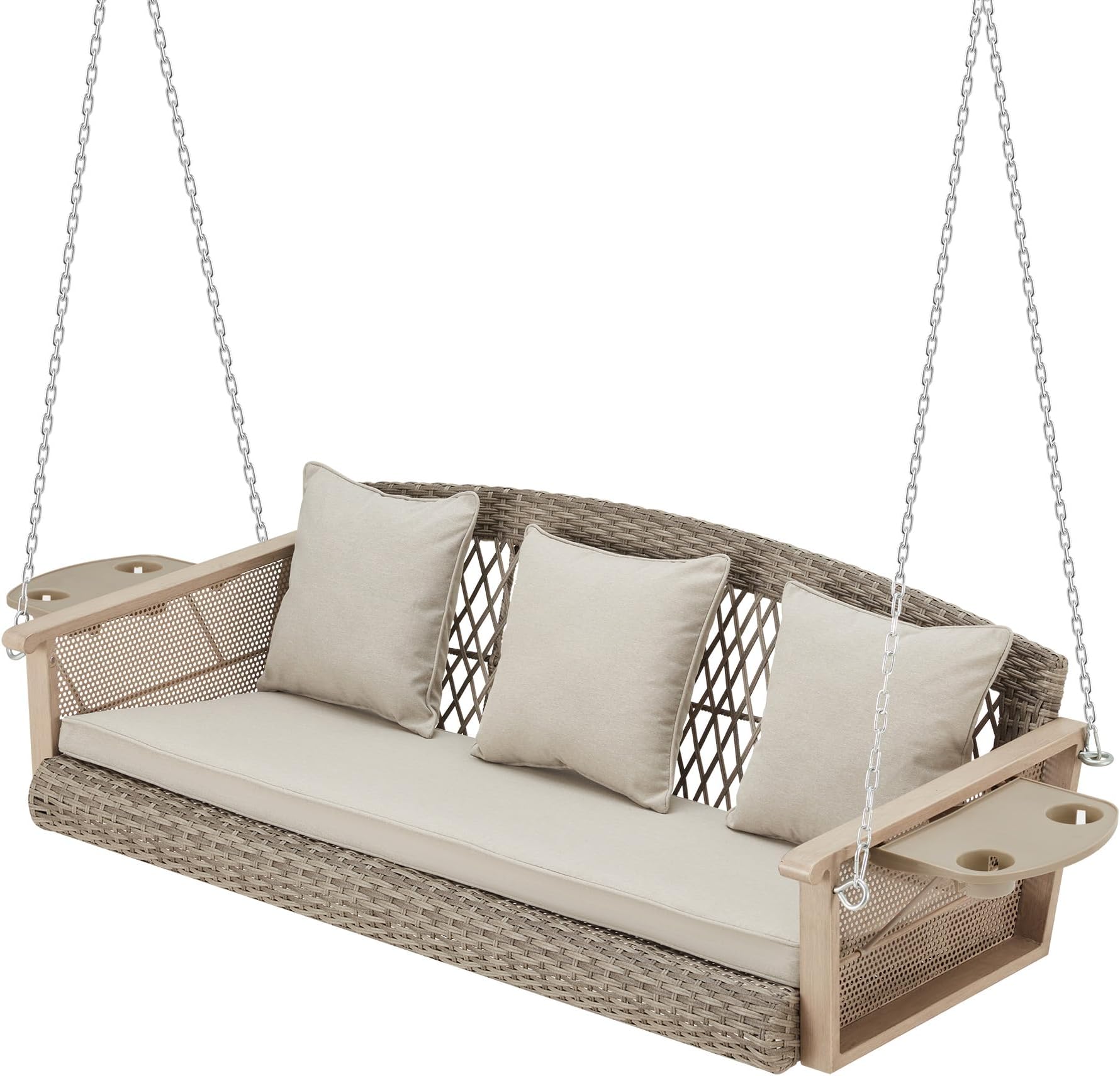 - HOMREST 3-Person Wicker Porch Swing with Upgraded Cup Holder, 56 Inch Patio Hanging Swing Bench Chair with Cushions, Outdoor Swing 900lbs Capacity Chains for Deck Garden Backyard (Beige)