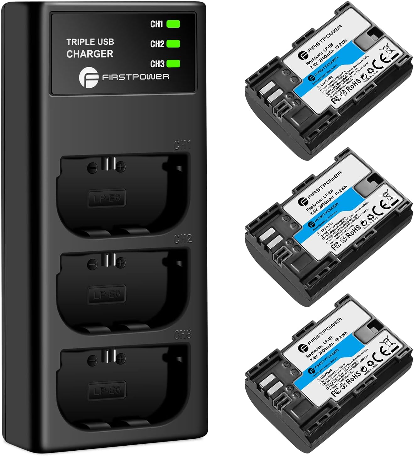 LP-E6 LP E6N Battery 3-Pack 2600mAh and Triple Slot Charger for Canon EOS 5D Mark II III IV, 5DS, 5DS R, 6D, 6D Mark II, 7D, 7D Mark II, 60D, 70D, 80D, 90D