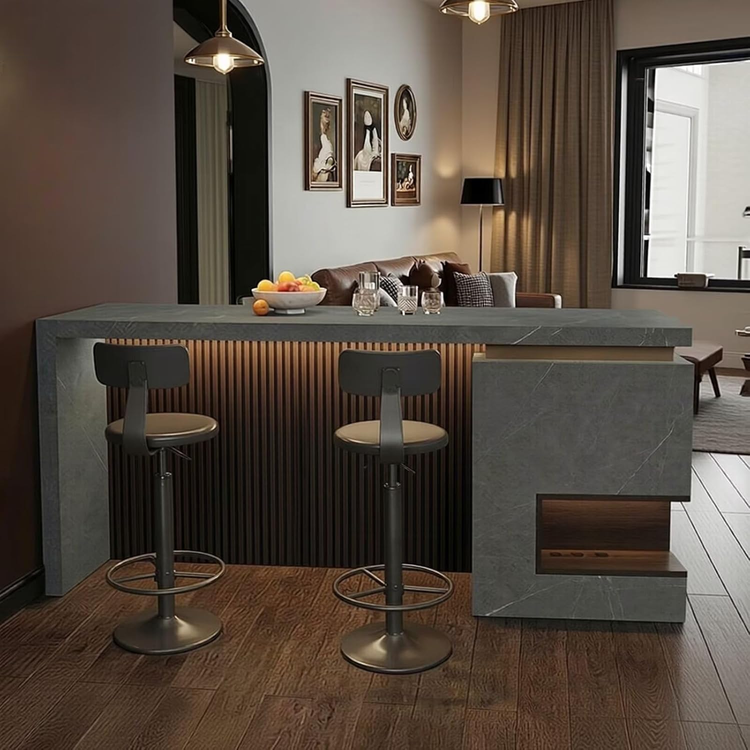 Bar Table - High Top Bar Table with Grey Stone Effect, Modern Living Room Tall Counter Includes Hidden Storage Shelf for Living Room (56IN No Chairs)
