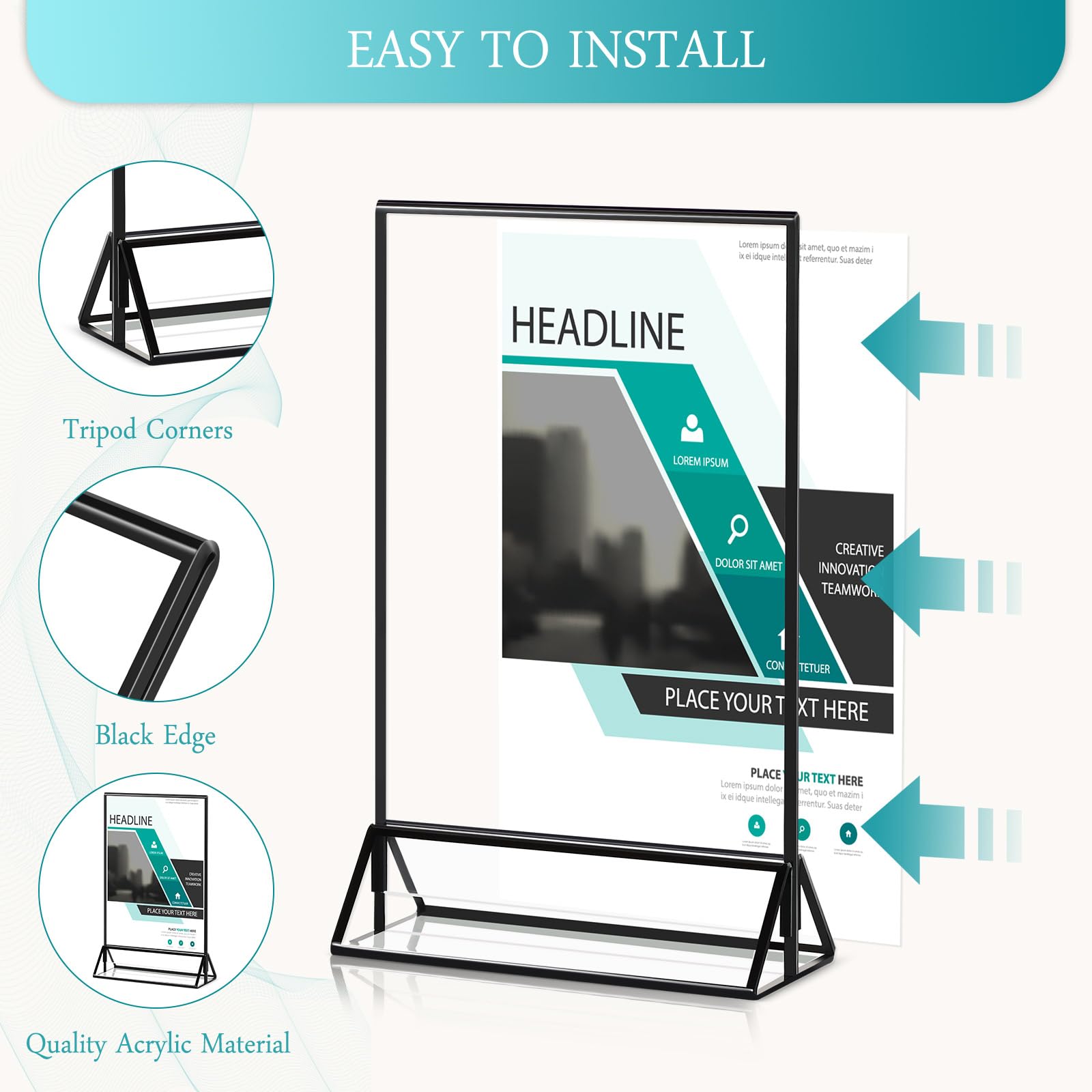 BBTO 12 Pcs Clear Acrylic Sign Holder 5x7 with Vertical Stand Holders and Borders Double Sided Table Menu Holders Picture Frames Wedding Table Numbers Display Stand Table Sign Holders (Black)