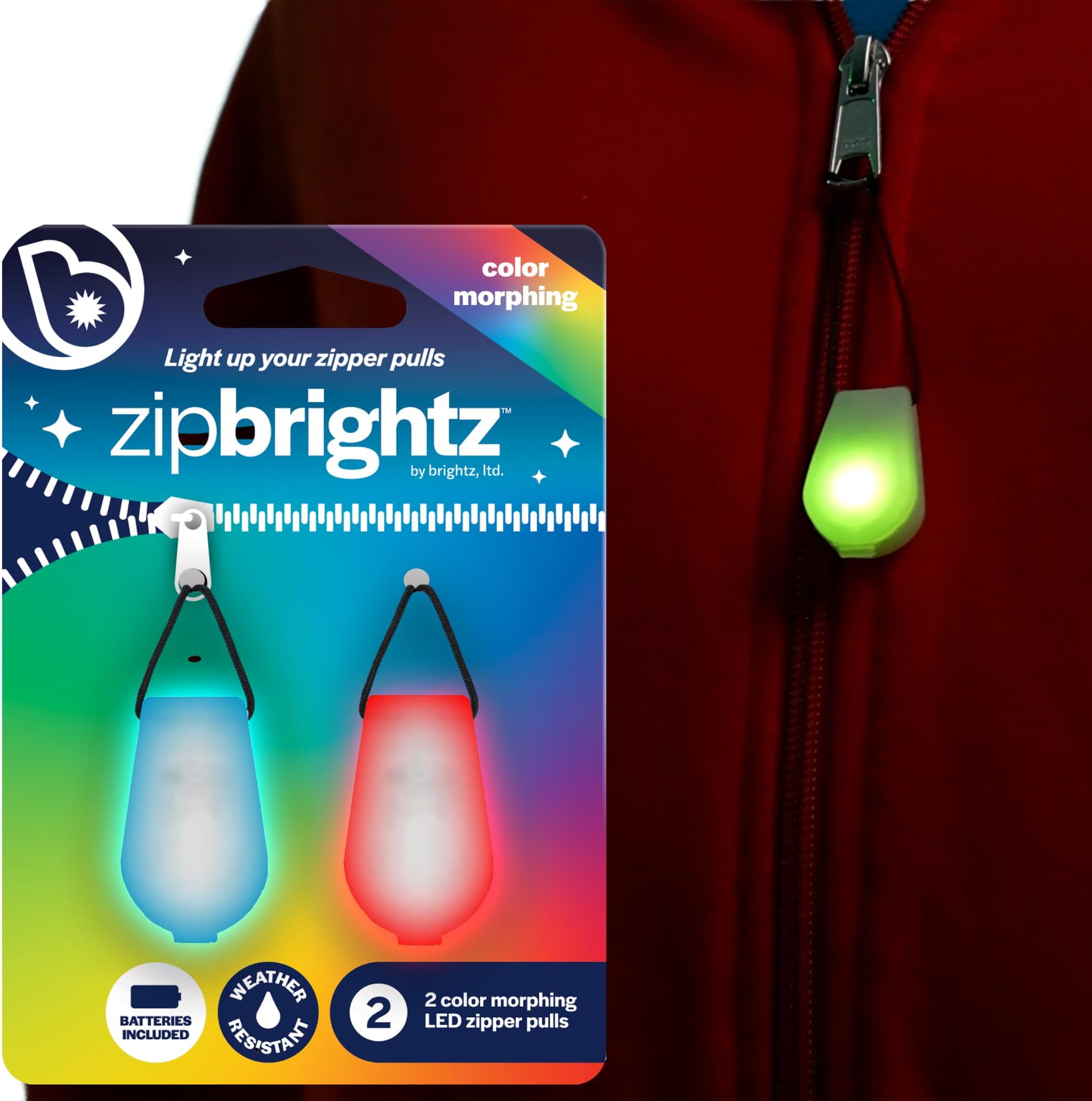 Brightz ZipBrightz LED Zipper Pull Light, 2-Pack - Color Changing Zipper Light - Glow in the Dark Zipper Pulls - Burning Man Lights - Glamping Accessories - LED Zipper Pull Light for Tents, Backpacks