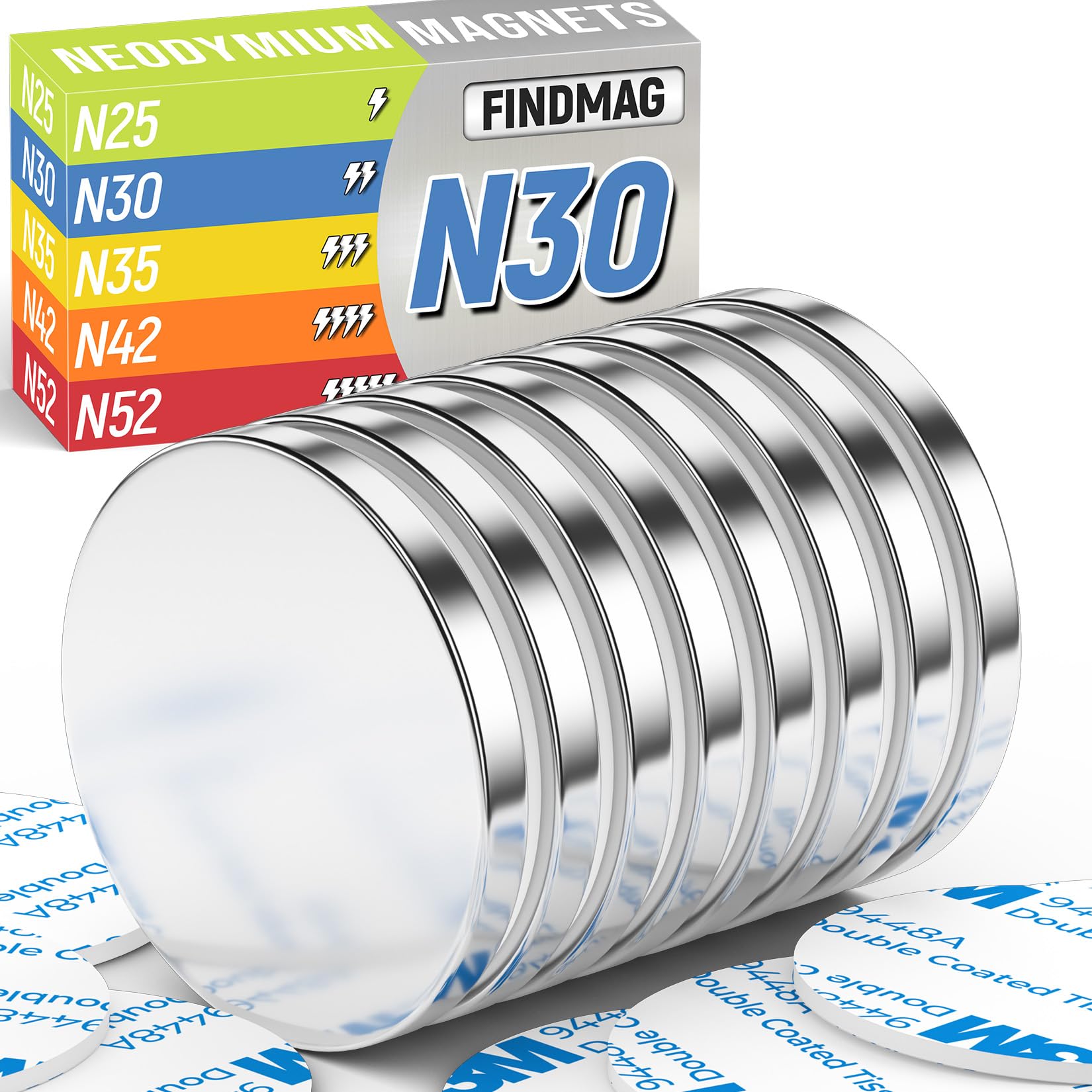 FINDMAG N52 Neodymium Magnets Strong Magnets Rare Earth Magnets with Double-Sided Adhesive for DIY, Fridge,Scientific, 1.26'' D x 1/8'' H - Pack of 8