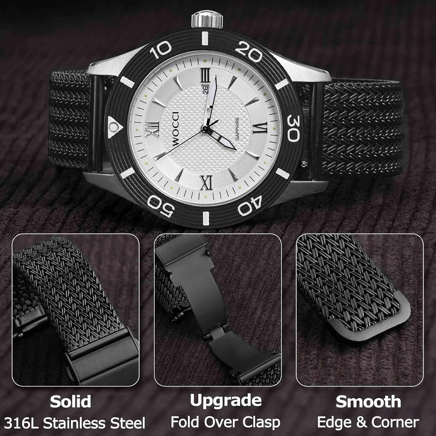 WOCCI Elite Metal Watch Band for Women and Men, Mesh Woven, 316L Stainless Steel, Quick Release, Upgraded Fold Clasp, Strap Width 14mm 16mm 18mm 20mm 22mm image 3