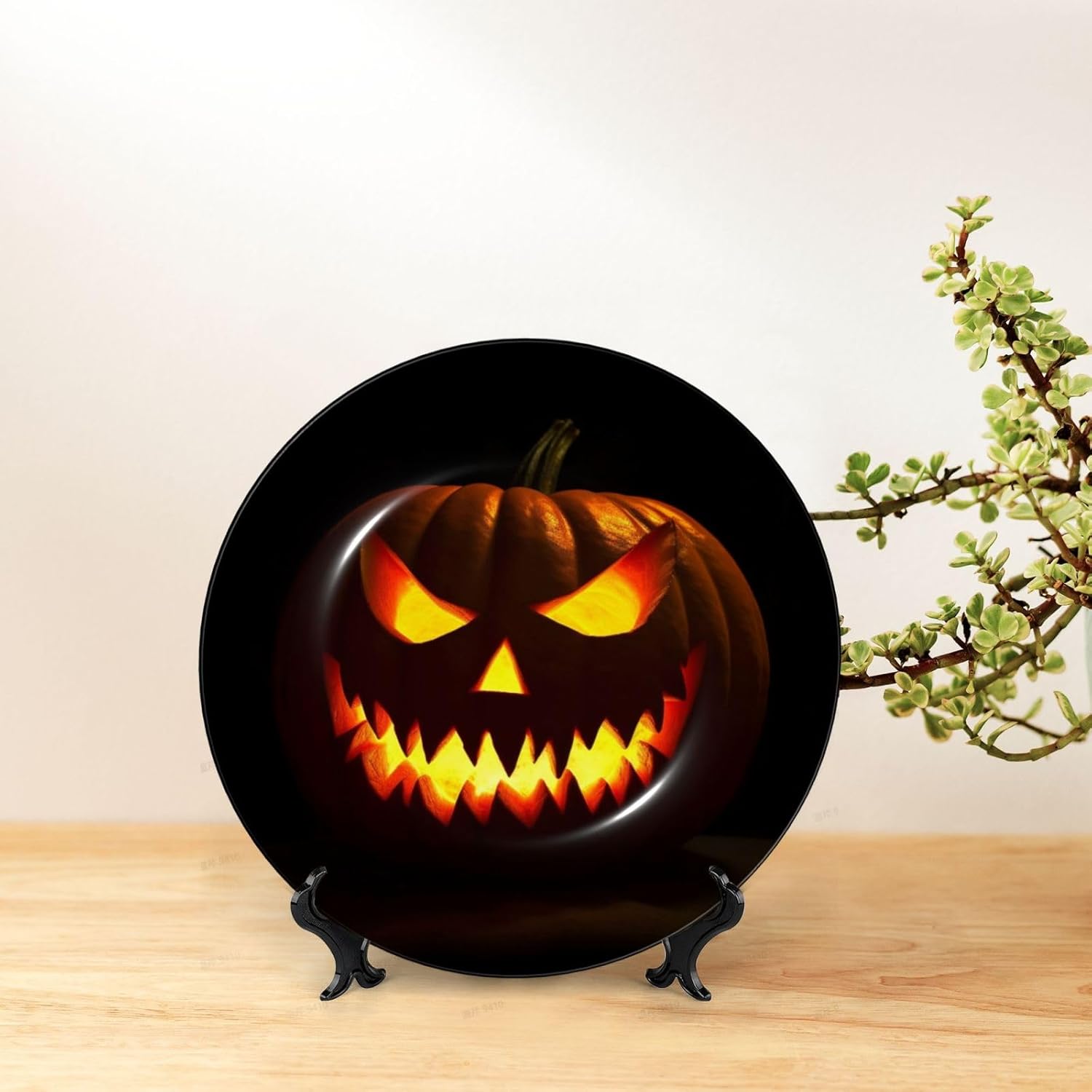 Bone China Decorative Plate with Display Scary Grimace Pumpkin Lantern Ceramic Plates Crafts Art Decor Dessert Plate Ceramic Ornament Porcelain Plates for Living Room Kitchen Table Home Decor