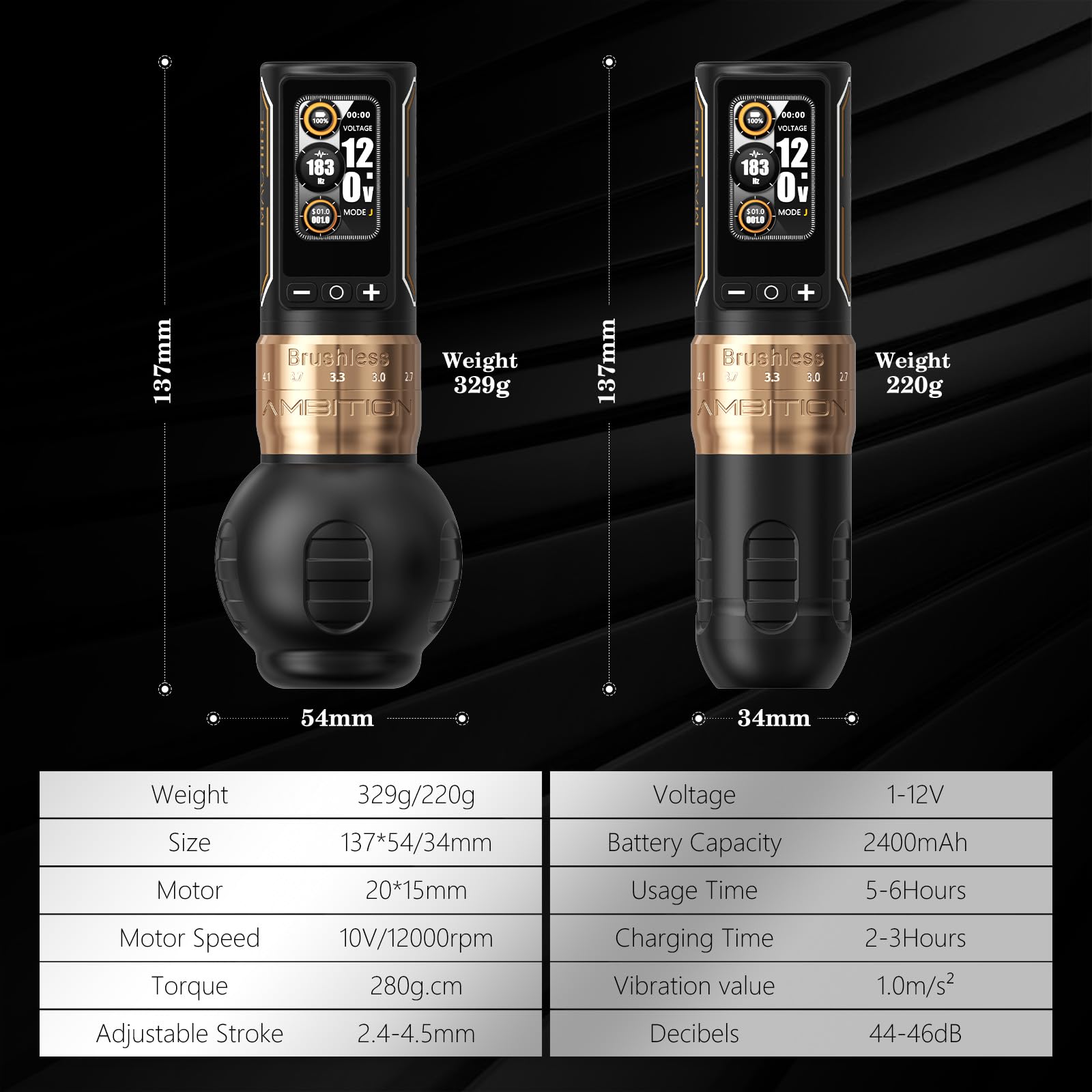Ambition Maquina de Tatuarr Inalámbrica - Ninja Max 280 con Motor Brushless 280 g·cm, 7 Niveles de Carrera Ajustable (2.4-4.5mm), Dual Batería 2400mAh, Empuñaduras 54mm & 32mm para Profesionales