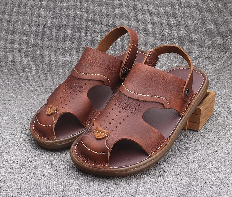 Men Sandals Classic Comfortable Man Shoes Beach Slippers Male Cow Leather Casual Shoes(White-Patch Five-Pointed star4,38 Code)3