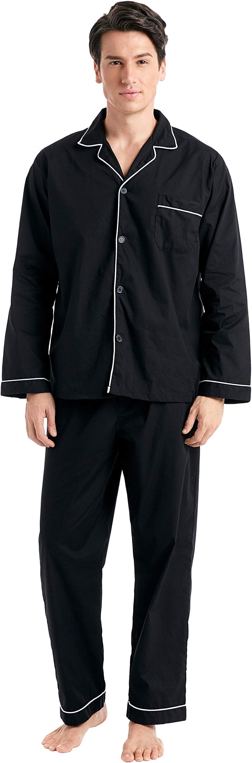Men’s Cotton Pajama Set, Long Sleeve Button-Down Woven Sleepwear