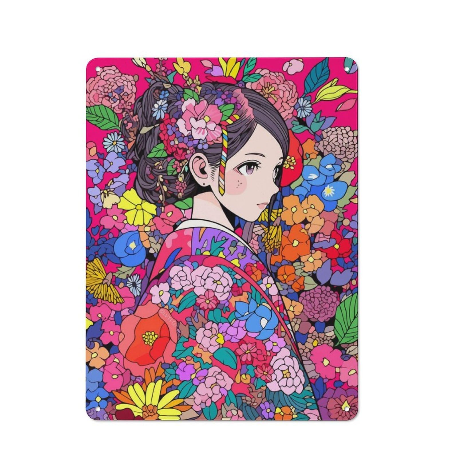 Junmoney Girls Kimono Kawaii Anime 40X30cm Vintage Metal Plaque With For Garage Or Workshop, A Christmas Gift For People Styling Garage And Workshop