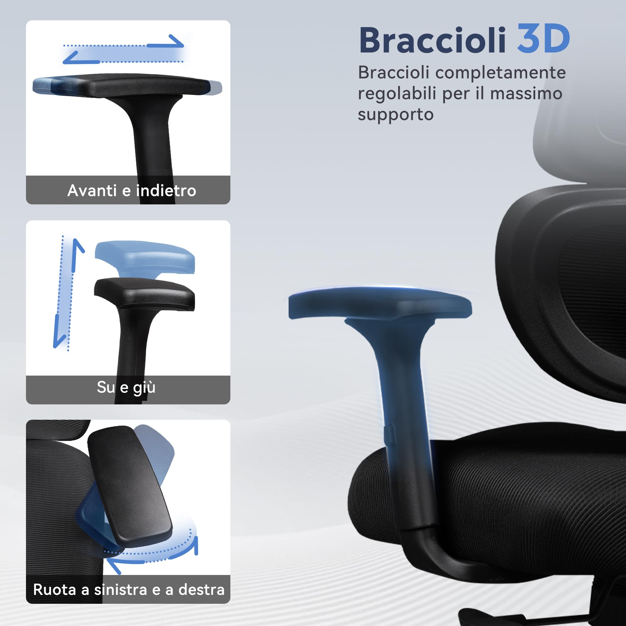 DEVAISE Sedia da Ufficio Ergonomica con Schienale Segmentato, Poggiatesta 3D Regolabile, Schienale Reclinabile a 3 Posizioni, Braccioli 3D, Rete Traspirante, Portata Massima 180kg, Nero