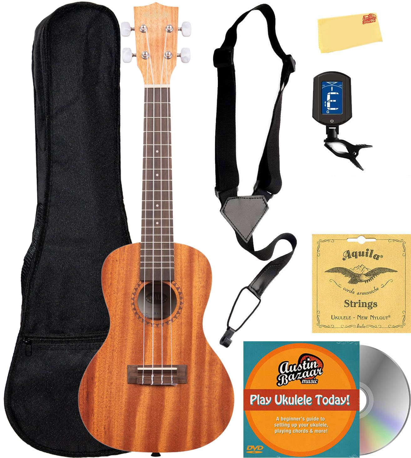 Kala KA-15C Satin Mahogany Concert Ukulele Bundle with Gig Bag, Tuner, Strap, Strings, Austin Bazaar Instructional DVD, and Polishing Cloth