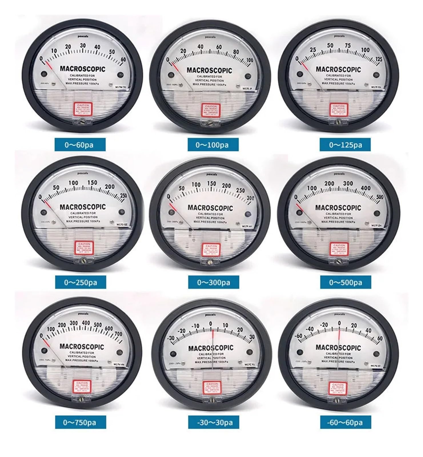0–30 Pa, 60 Pa, 100 Pa, 125 Pa, 250 Pa, 300 Pa, 500 Pa, 750 Pa, 1 kPa, 5 kPa Luft-Mikro-Druckdifferenzmessgerät, Pascal-Differenzmessgerät(0-500Pa)