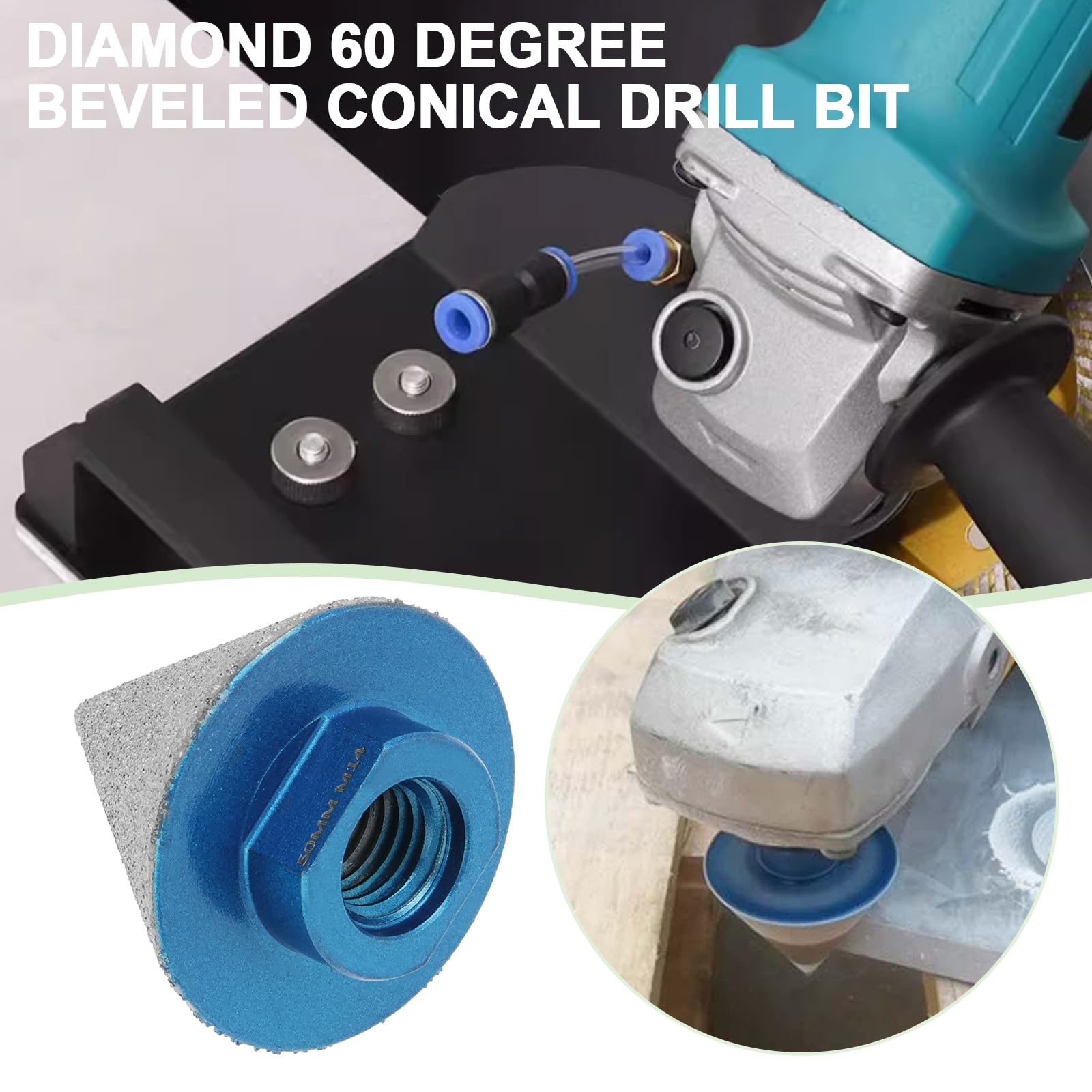 LT Easiyl 60 Degrees Diamond Beveling Chamfer Bit 50mm x M14 Thread Cone Tile Bit Grit #80/100 for Existing Holes in Tiles Marble Granite Shaping Enlarging Grinding - Image 2