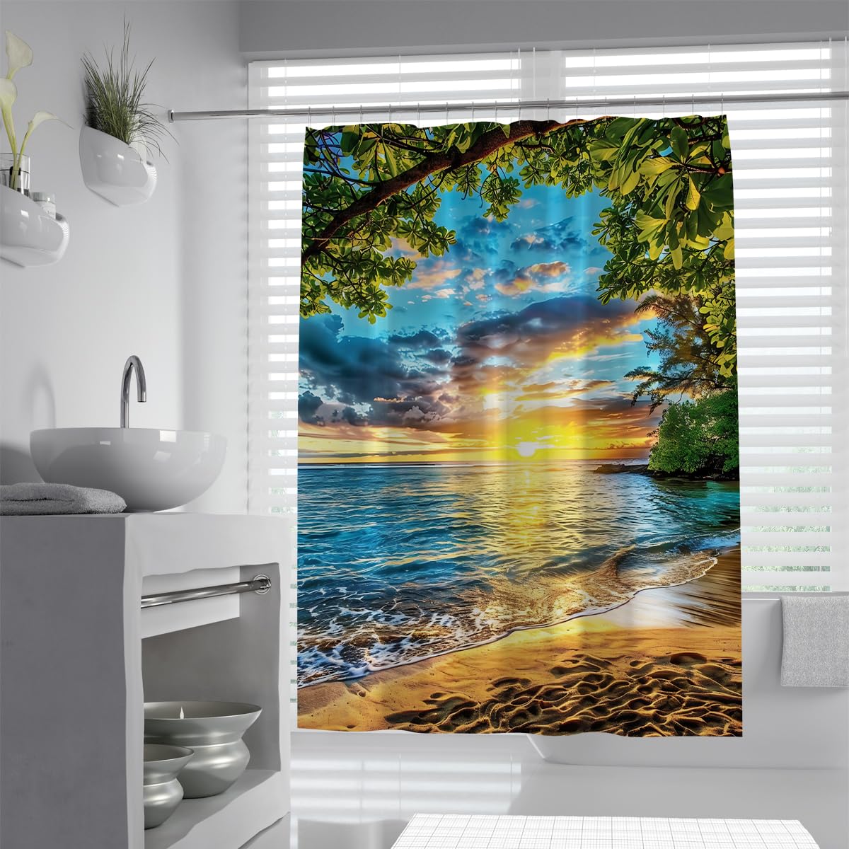 UERWOWELL Vibrant Coastal Island Sunrise Bathroom Shower Curtain Tropical Forest Shoreline Beach Shower Curtain for Bath Waterproof Washable Fabric W180xL180 cm