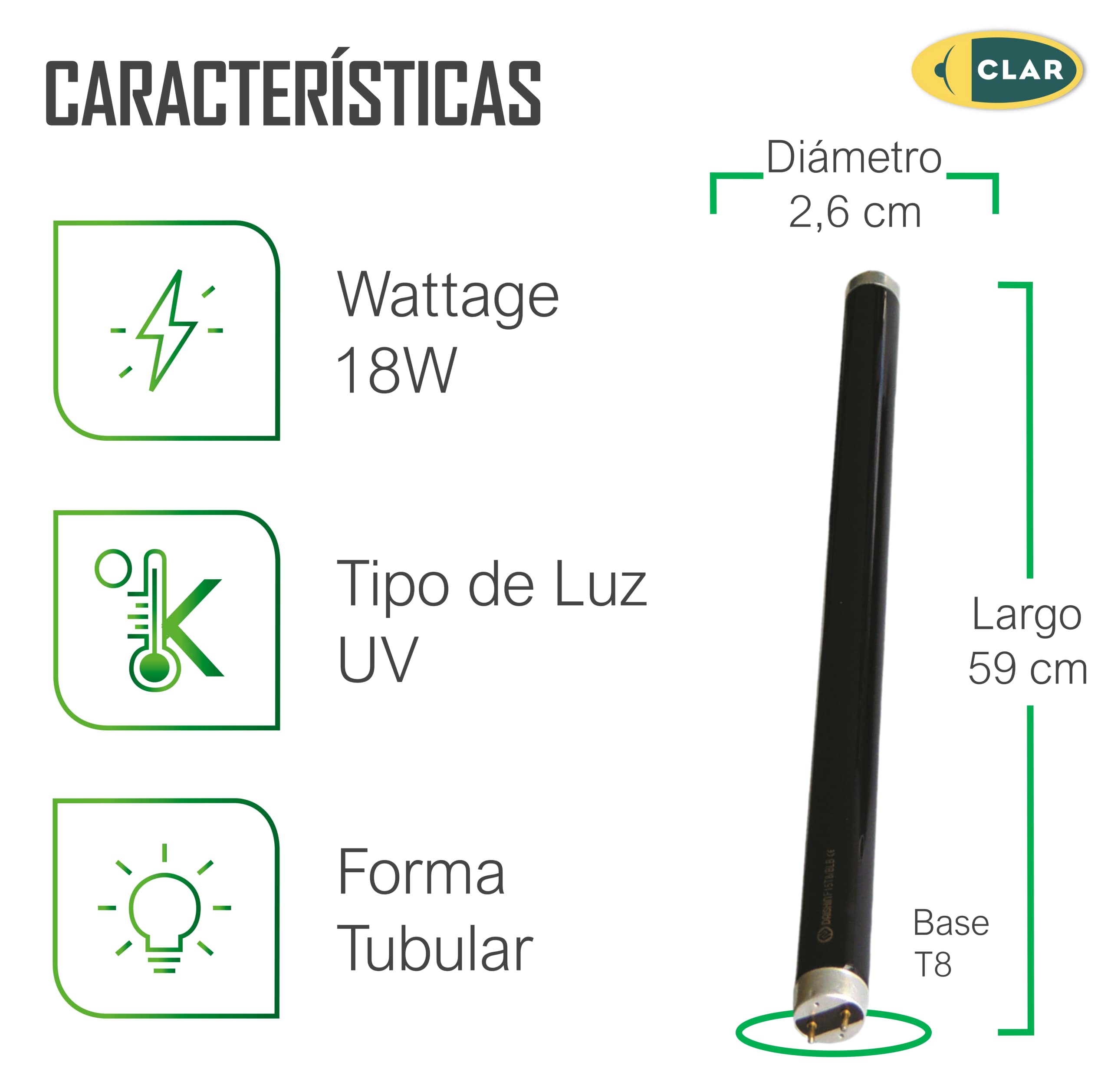 CLAR - Tubo Luz Ultravioleta, Luz Negra, Lampara UV, Bombillas de Iluminación Ultravioleta, Luces Neon, Tubos Fluorescentes UV 59 x 2,6 cm (18 Watts T8, Pack 2)