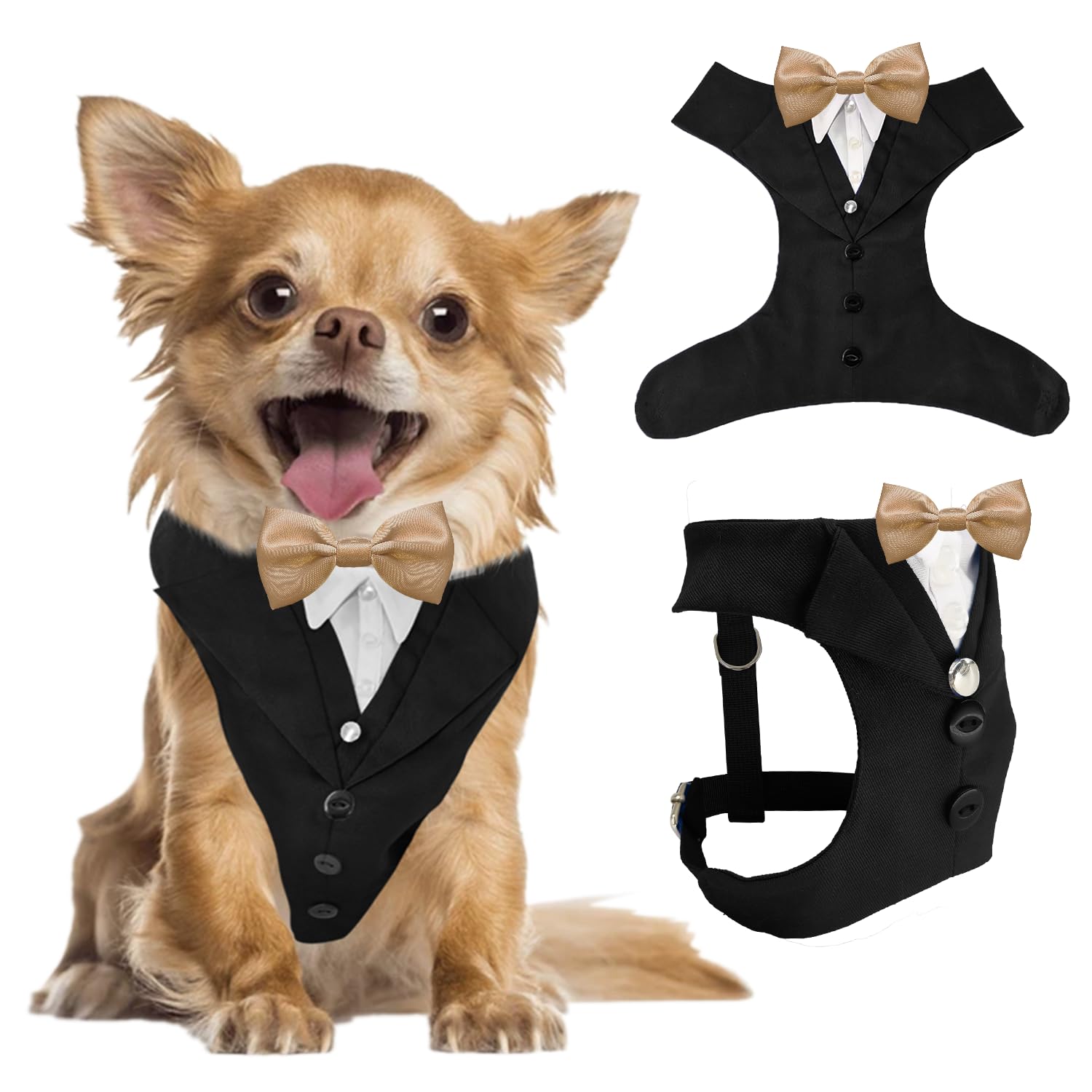 AVERYDAY XS Pet Tuxedo Harness, Wedding Costume Outfit for Small Dogs, Slim Cats and Tiny Pets with 8.3" Neck, 13-14.6" Chest, 10" Max Head Girth, Formal Suit Costume for Mini Breeds