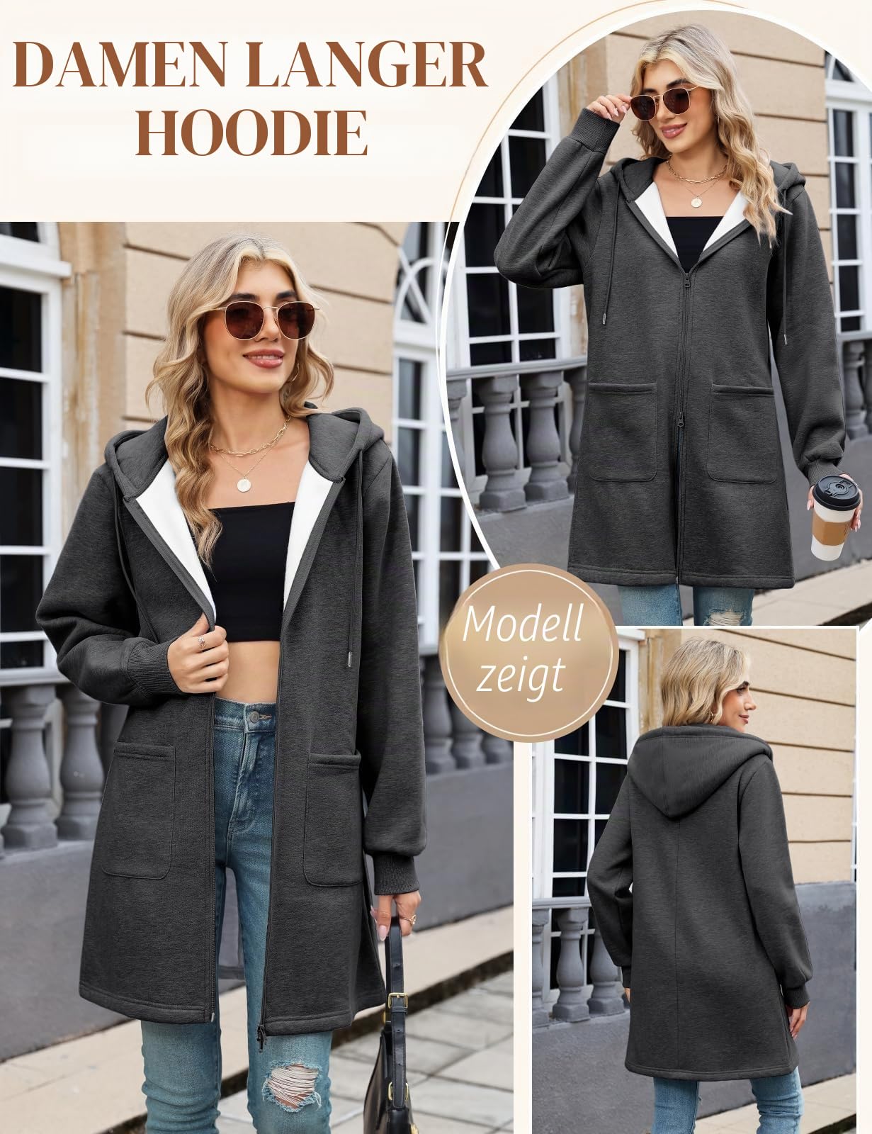 Vancavoo Fleecejacke Damen Sweatjacke mit Kapuze Lange Übergangsjacke | Elegant Kapuzenjacke, Reißverschluss Hoodie Jacke, Rippbündchen und Taschen für Alltag, Frühling und Herbst