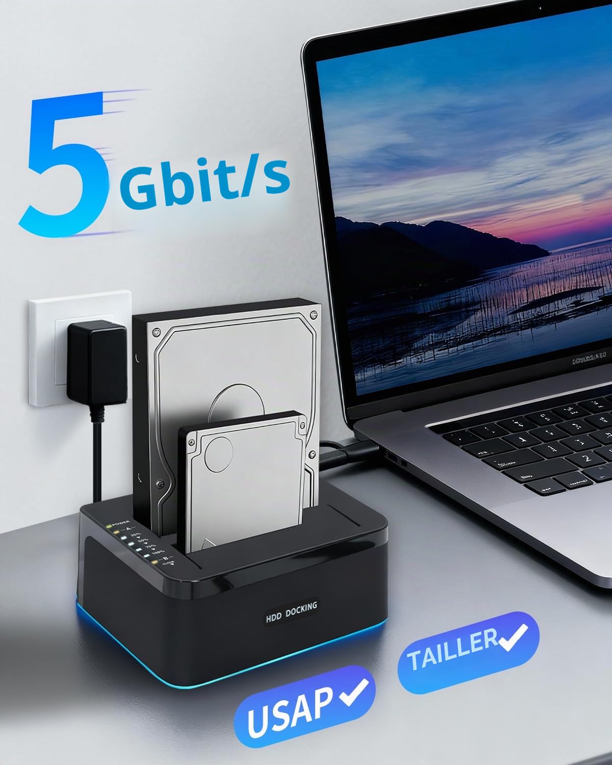 Dock Disque Durs Double Baie, RGB USB 3.0 Station Lecteur Disque Dur La Fonction de Clonage Hors Ligne Prend en Charge UASP Jusqu'à 2*20 to Double Baie pour HDD/SSD SATA 2,5/3,5 Pouces