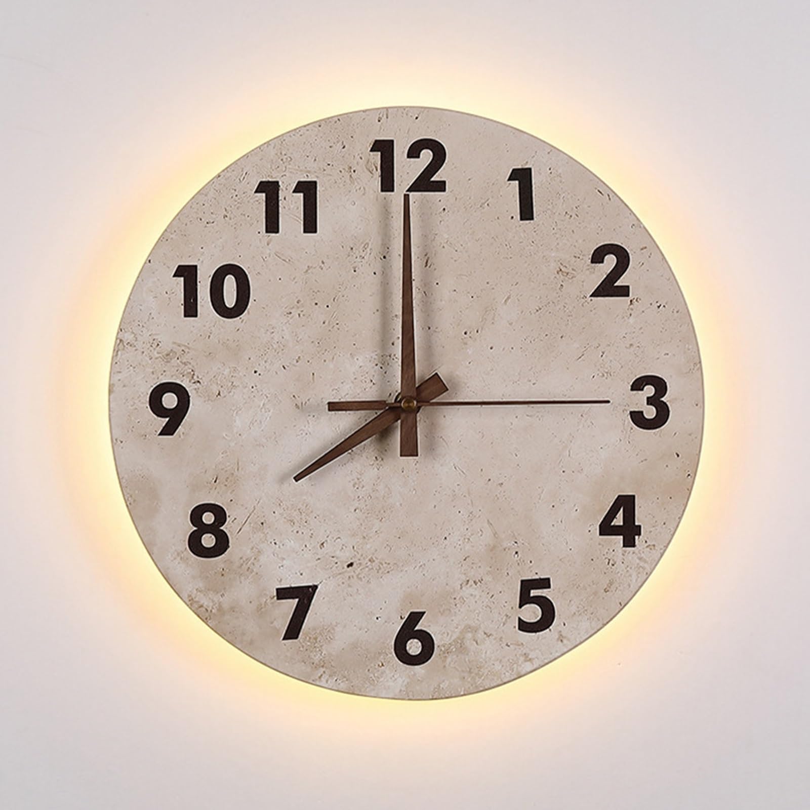 Round Stone Wall Lamp Natural Travertine Wall Clock, 12" LED Backlit Wall Sconce with Silent Walnut Wood Hands, Decorative Stone Clock for Home Office Background Wall Light, Decorative Ambient Light