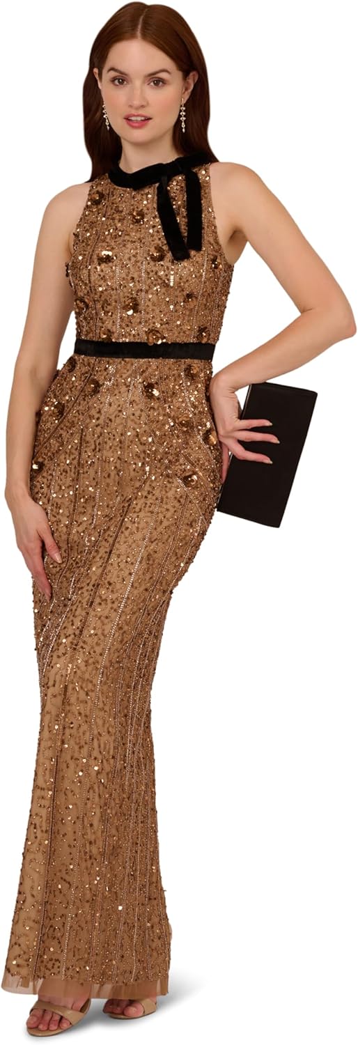 Adrianna Papell Women's Beaded Halter Long Dress, Copper, 16 - Image 4