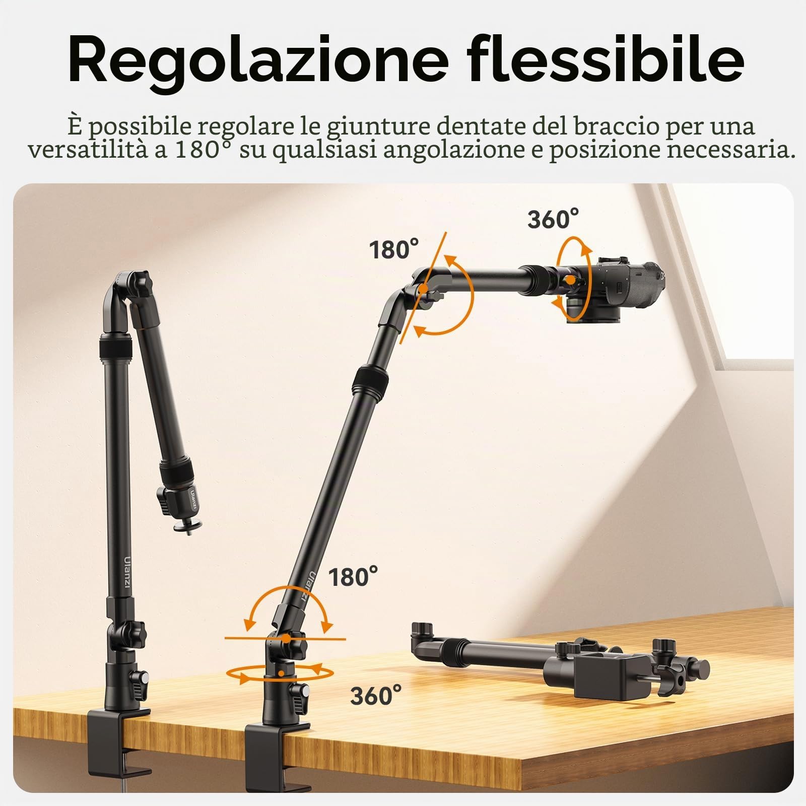 ULANZI ZJ02 Supporto da tavolo per fotocamera da 98 cm, Braccio articolato, Supporto da scrivania per illuminazione per streaming e videogiochi, testa a sfera a 360° per luce ad anello e poriettore